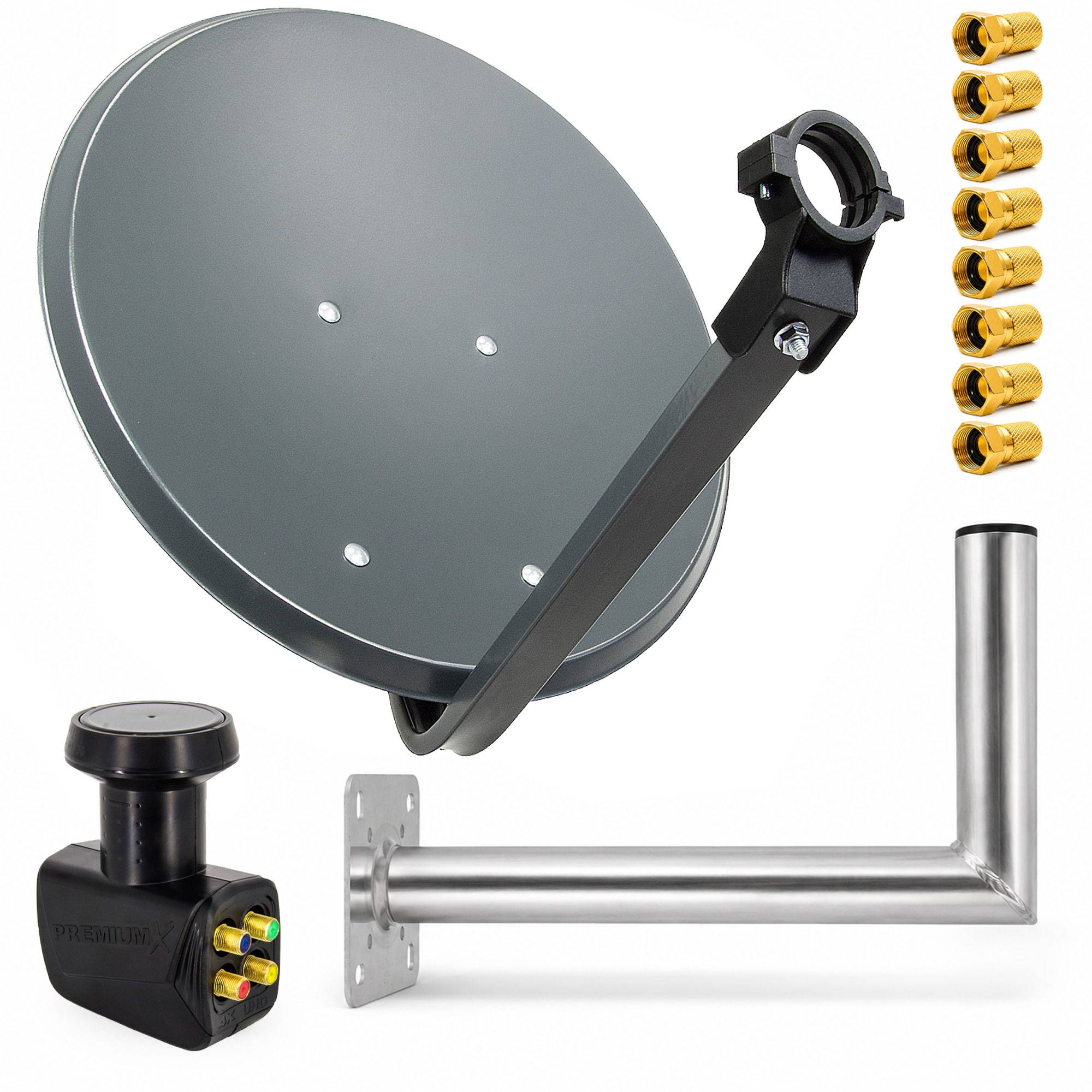 Satellitenschüssel-Set mit Montagearm, Halterung, LNB und Koaxialsteckern, dargestellt als separate Komponenten auf weißem Hintergrund.