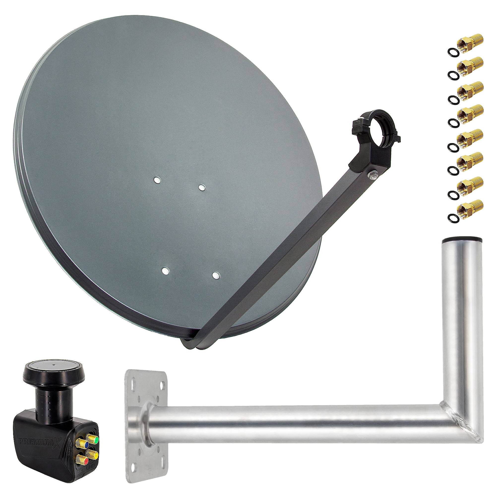 PremiumX Satelliten-Komplettanlage 60cm Anthrazit Satellitenantenne Satellitenschüssel SAT Quad LNB Wandhalter 45cm 8x F-Stecker