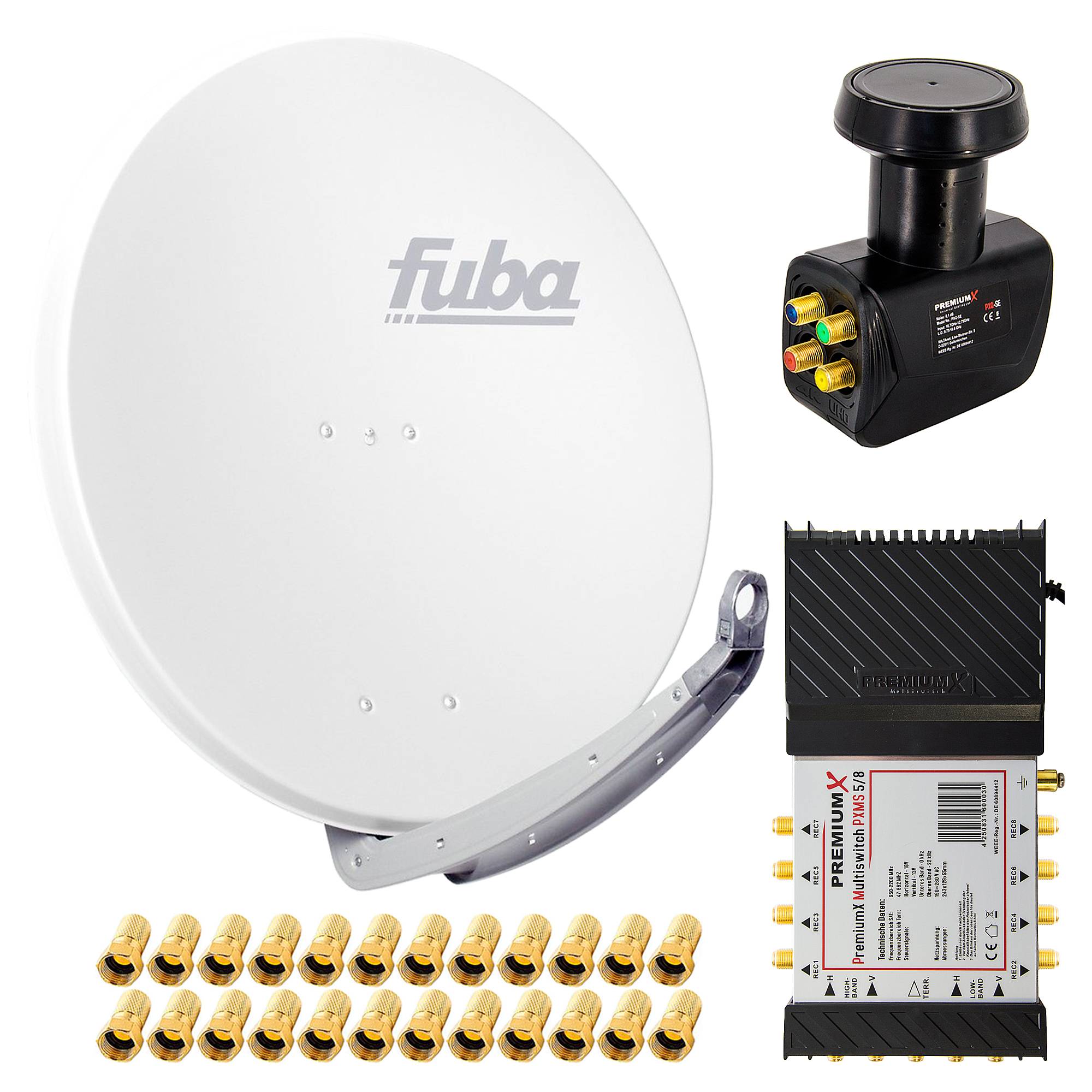 PremiumX Satelliten-Komplettanlage Fuba DAA 850 W Satellitenschüssel Alu Weiß 5/8 Multischalter Quattro LNB 24x F-Stecker, 1 SAT 8 Teilnehmer