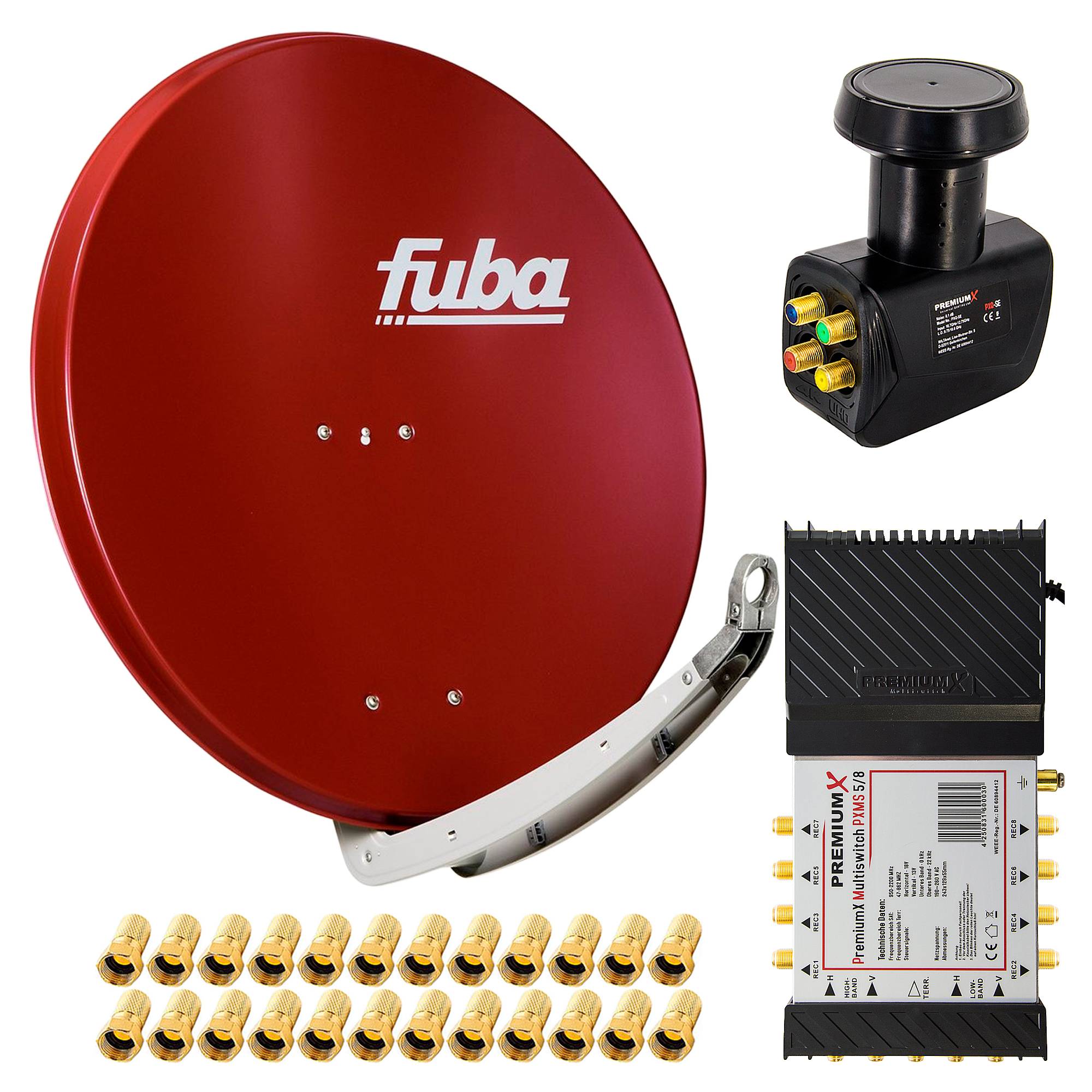 PremiumX Satelliten-Komplettanlage Fuba DAA 850 R Satellitenschüssel Alu Ziegelrot 5/8 Multischalter Quattro LNB 24x F-Stecker, 1 SAT 8 Teilnehmer