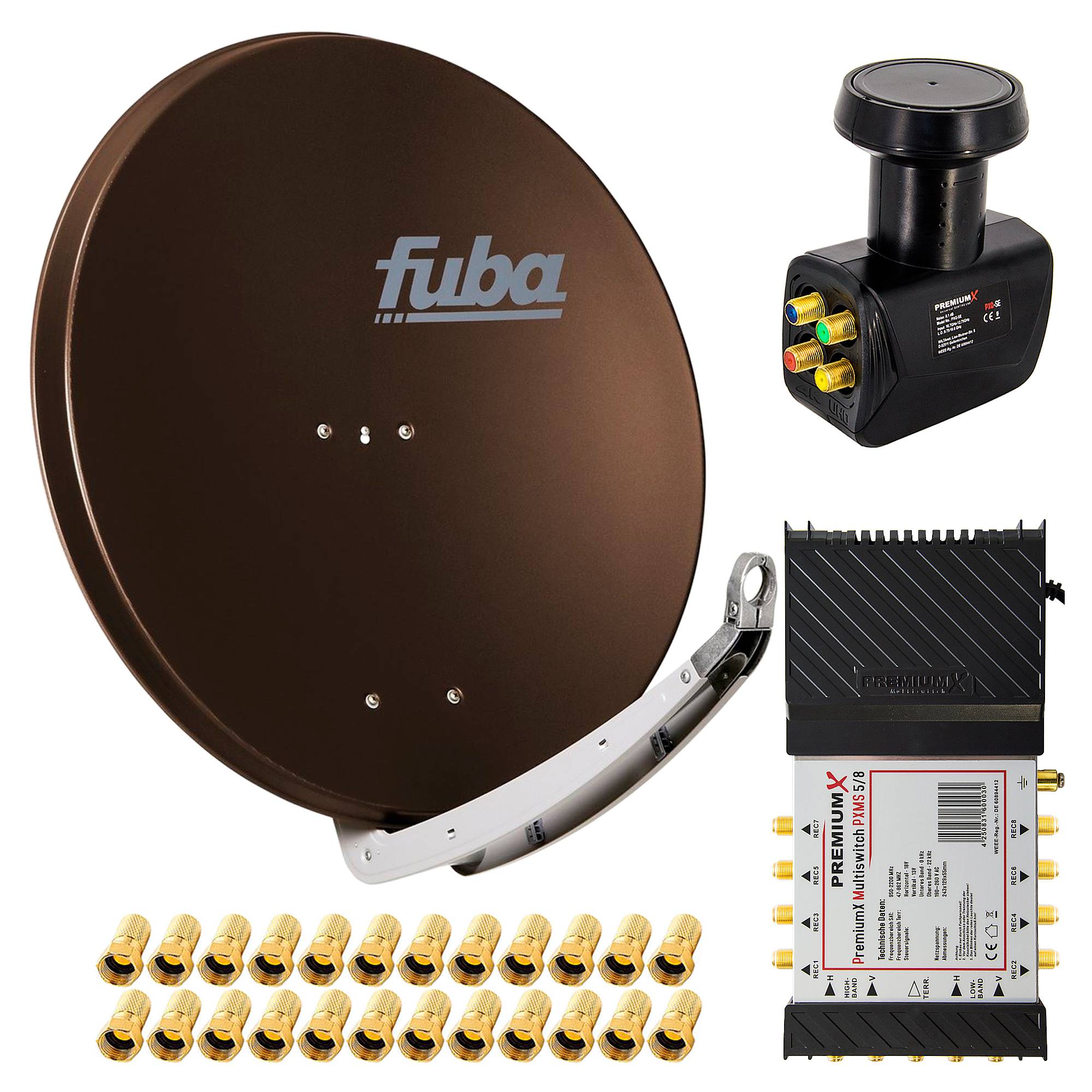 PremiumX Satelliten-Komplettanlage Fuba DAA 850 B Satellitenschüssel Alu Braun 5/8 Multischalter Quattro LNB 24x F-Stecker, 1 SAT 8 Teilnehmer