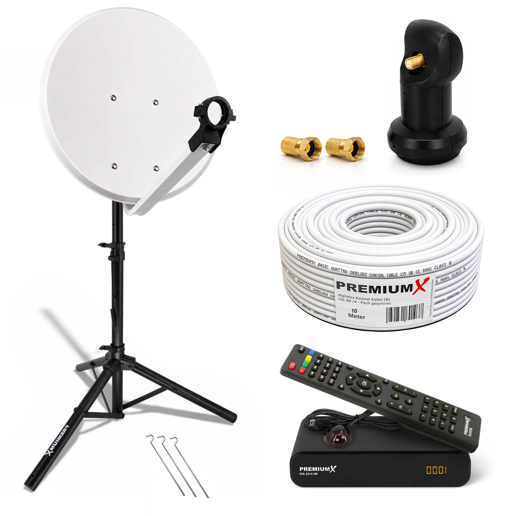 PremiumX Camping Komplett Sat Anlage 45cm Satelliten-Schüssel Single LNB 10m Kabel F-Stecker Dreibein Stativ HDTV Receiver