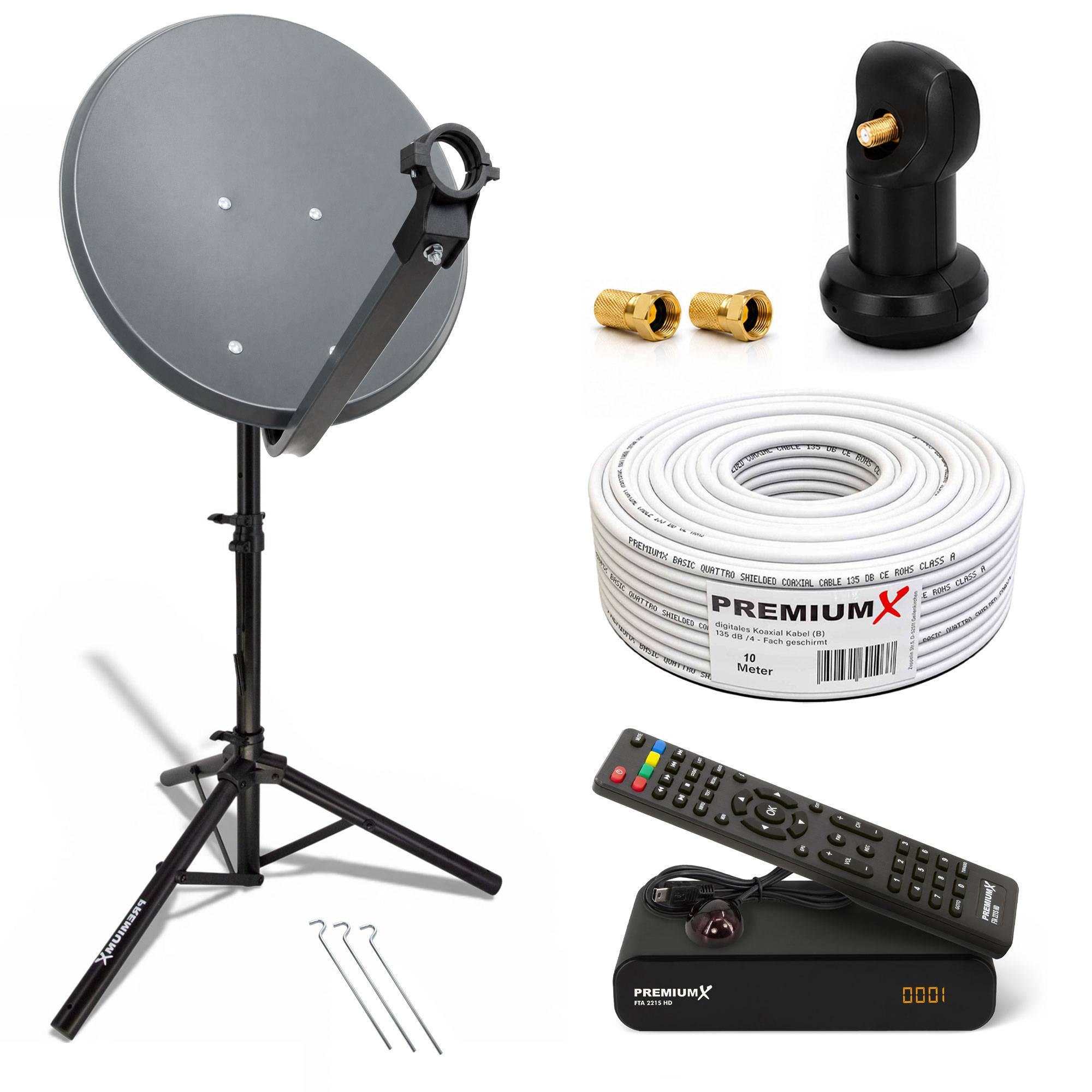 Satellitenschüssel-Set mit Ständer, Koaxialkabel, Steckverbindern, Fernbedienung und Set-Top-Receiver zur TV-Signalinstallation.