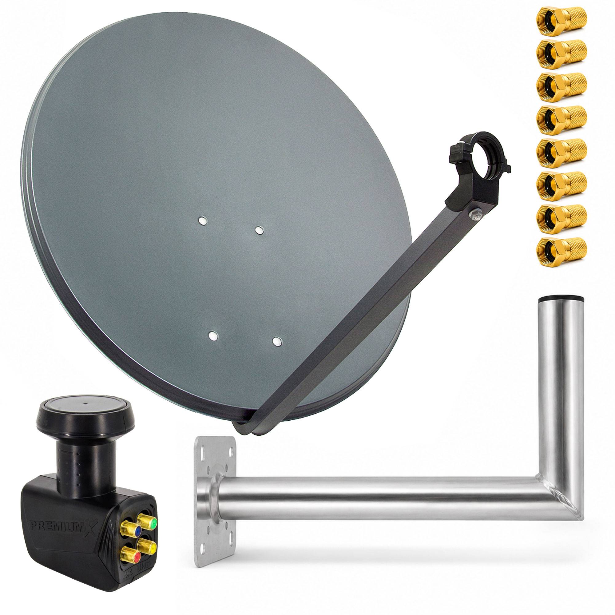 Satellitenschüssel-Montageset mit Schüssel, Halterung, Mastarm, LNB und vergoldeten Koaxialkonnektoren auf weißem Hintergrund.