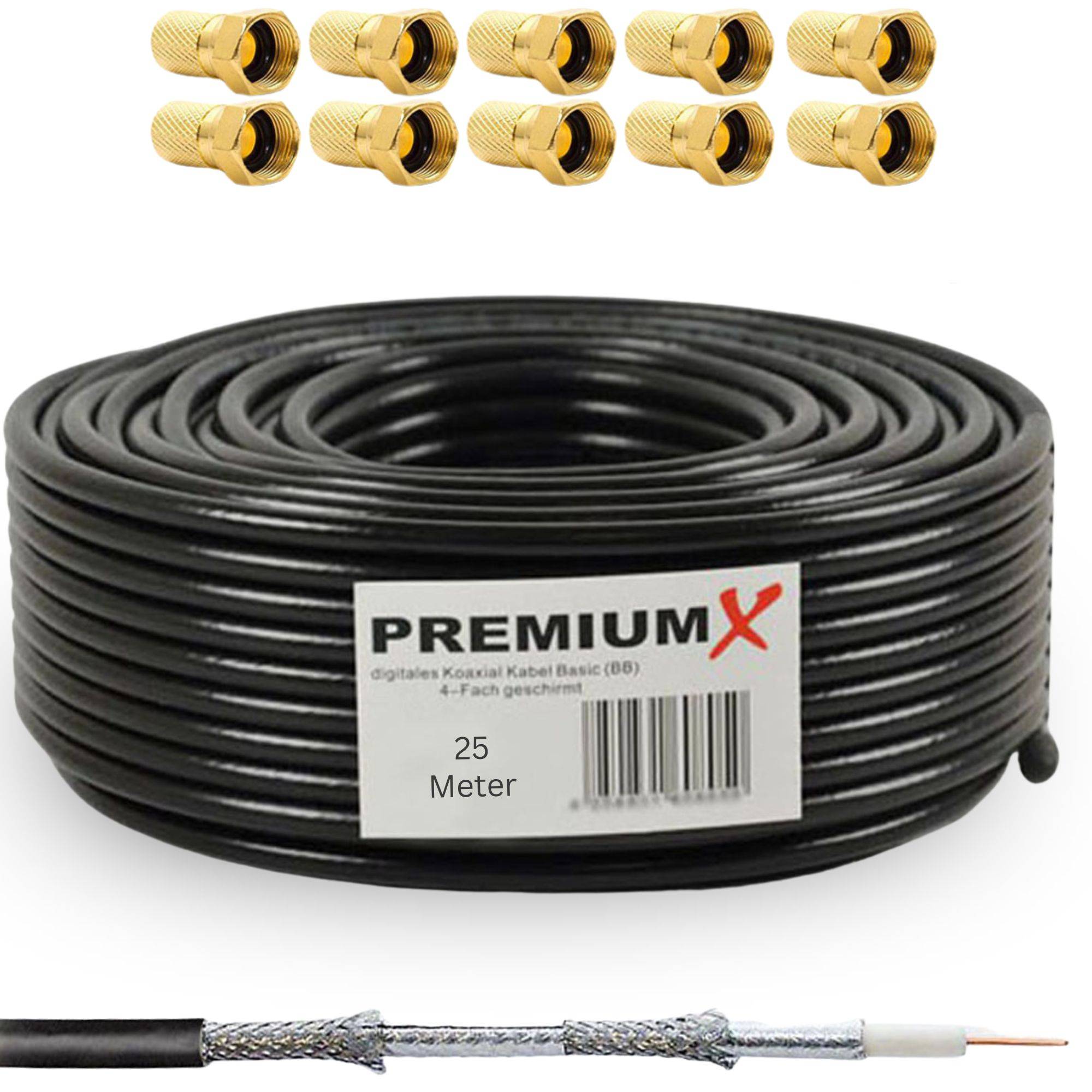 Premium X 25m SAT Koaxialkabel Set 135 dB 4-fach geschirmt – TV Antennenkabel 10 vergoldeten F-Steckern – DVB-S2/C/T2 – 4K UHD HDTV – wetterfe