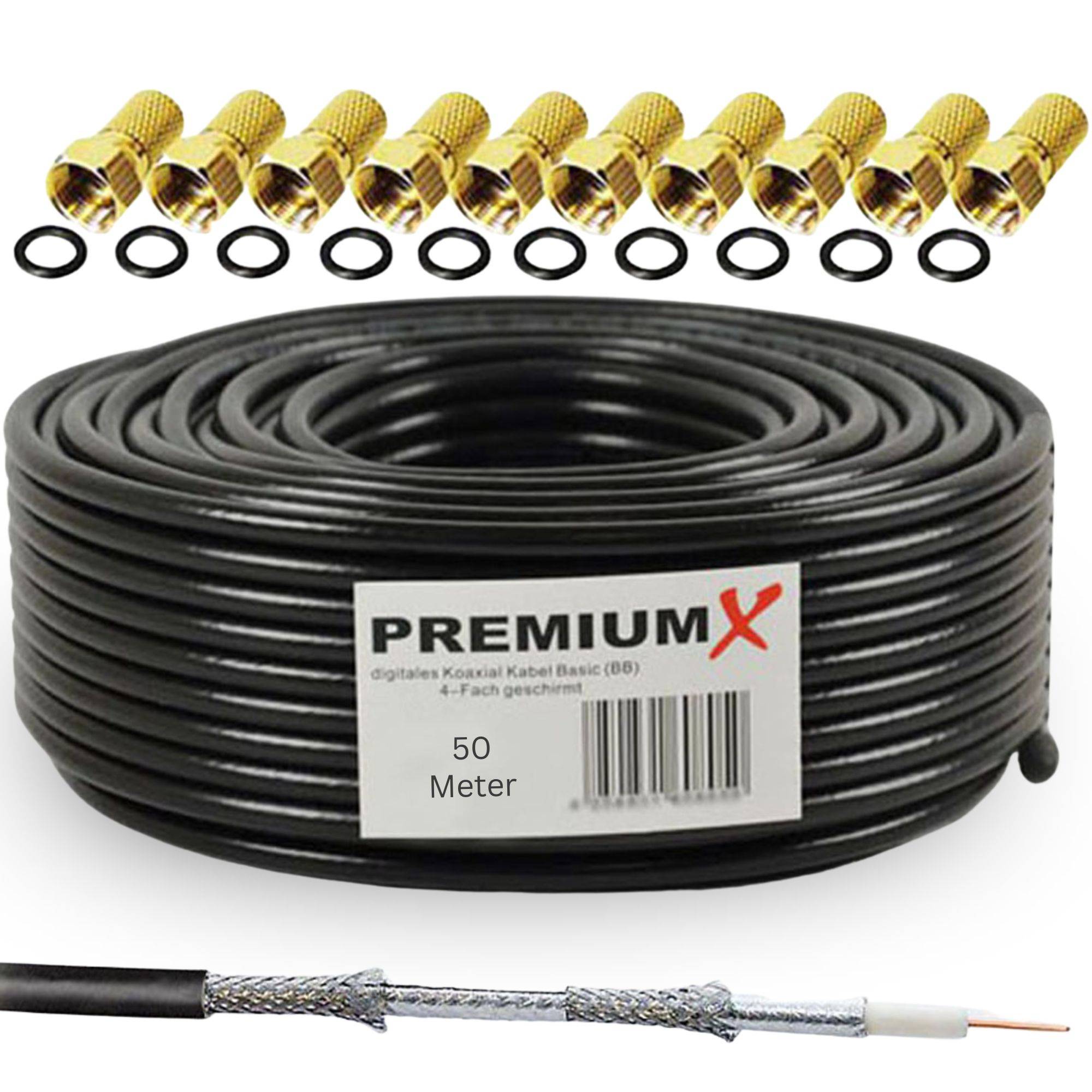 Premium X 50m SAT Koaxialkabel Set 135 dB 4-fach geschirmt – TV Antennenkabel 10 vergoldeten F-Steckern – DVB-S2/C/T2 – 4K UHD HDTV – wetterfe