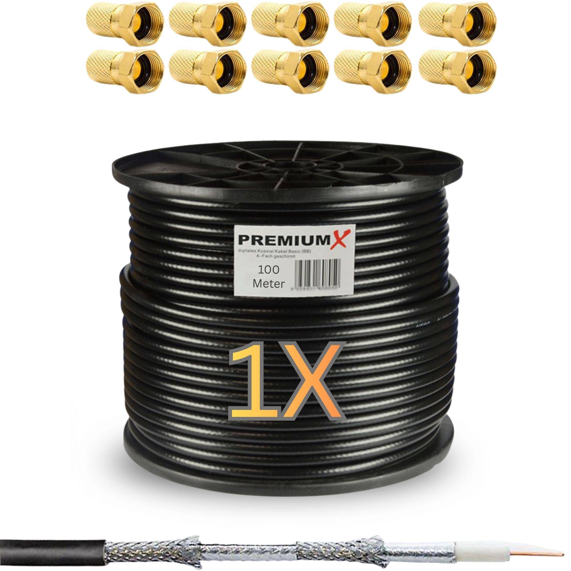 Premium X 100m SAT Koaxialkabel Set 135 dB 4-fach geschirmt – TV Antennenkabel 10 vergoldeten F-Steckern – DVB-S2/C/T2 – 4K UHD HDTV – wetterf