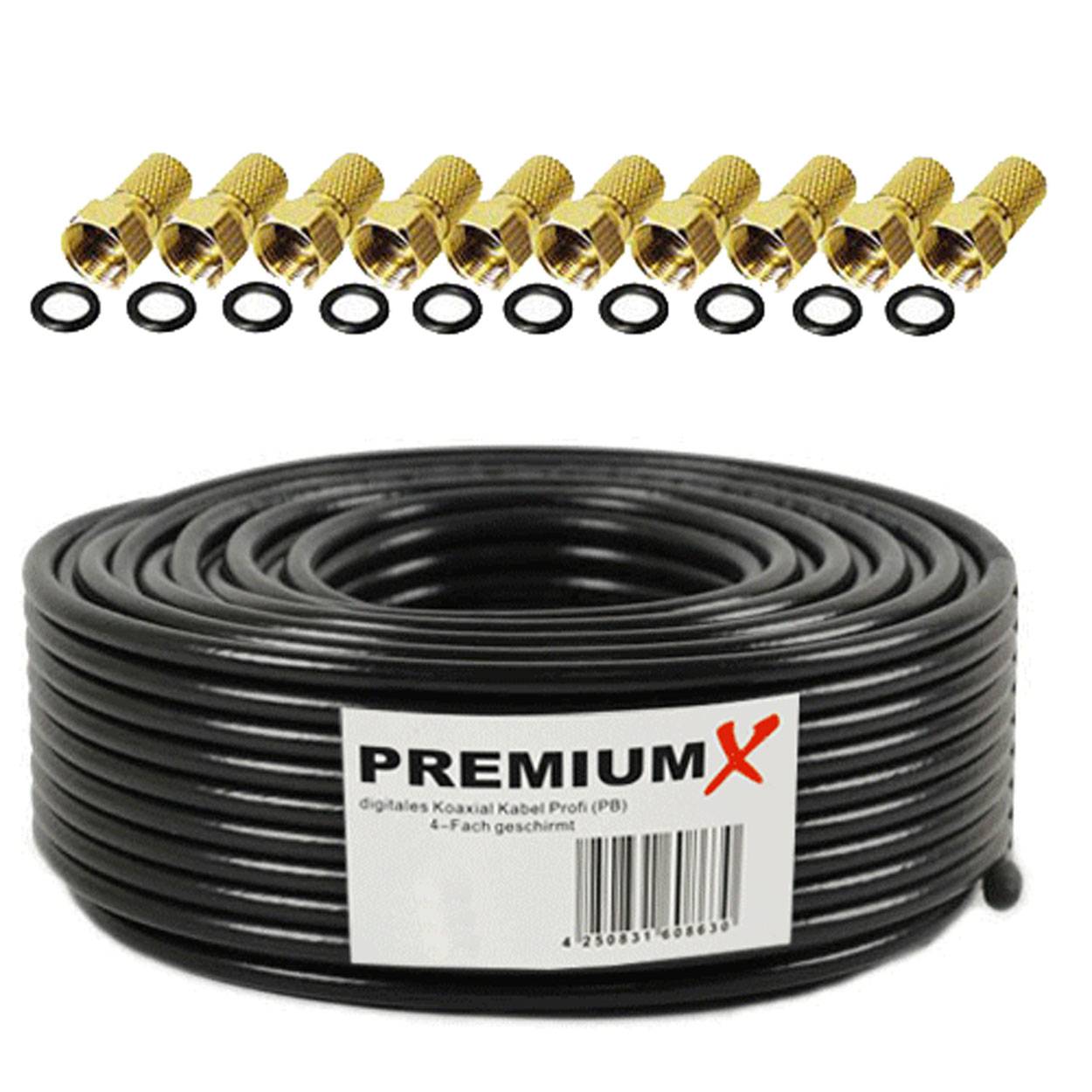 PremiumX 25m PROFI Koaxialkabel Schwarz 135dB 4-fach CU KUPFER Satelliten Koax-Kabel SAT Antennenkabel 10x F-Stecker