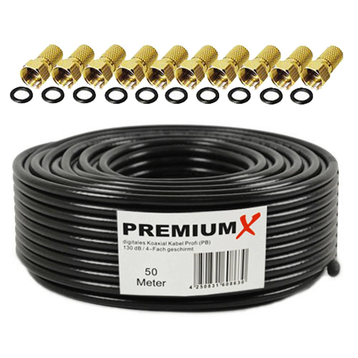 PremiumX 50m PROFI Koaxialkabel Schwarz 135dB 4-fach CU KUPFER Satelliten Koax-Kabel SAT Antennenkabel 10x F-Stecker