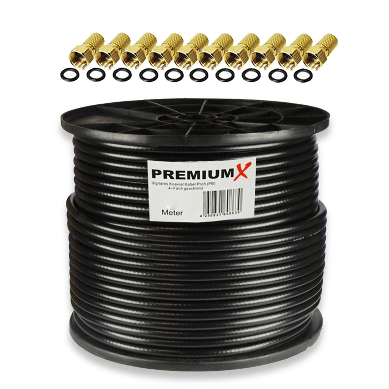 PremiumX 100m PROFI Koaxialkabel Schwarz 135dB 4-fach REINES KUPFER Koax Kabel Satellitenkabel SAT Antennenkabel 10x F-Stecker