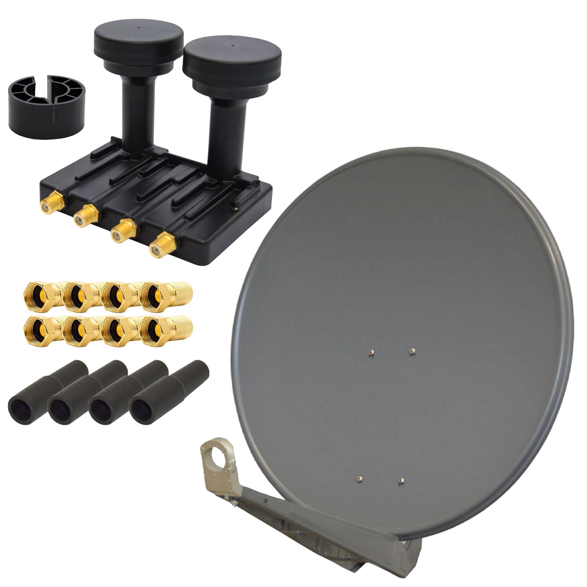 PremiumX DELUXE80 Aluminium 80cm Digital SAT Schüssel Spiegel in Anthrazit + Monoblock Quad PXMB-6Q LNB 0,1dB Astra 19,2° Hotbird 13° + 4x Gummit