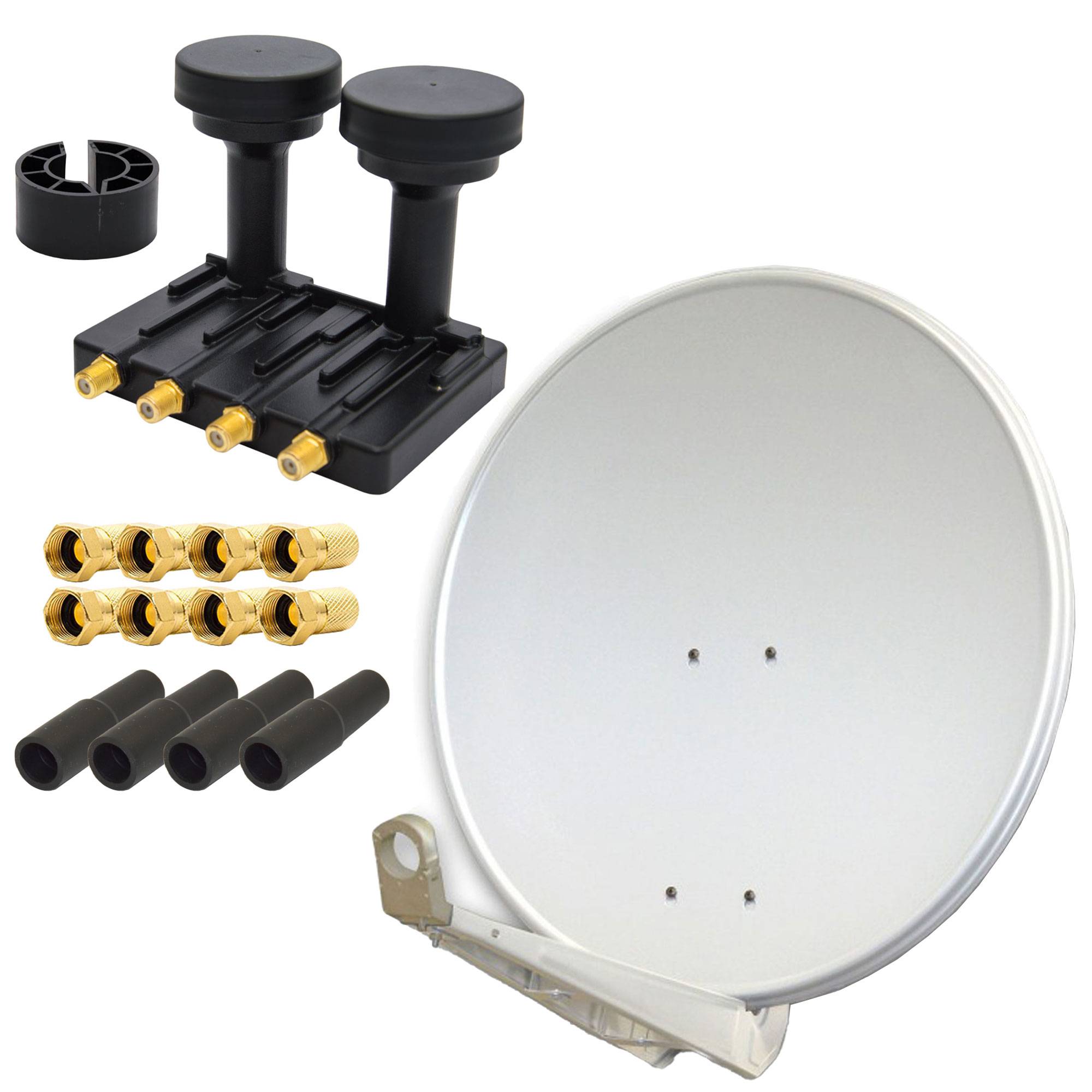PremiumX DELUXE80 Aluminium 80cm Digital SAT Schüssel Spiegel in Hellgrau + Monoblock Quad PXMB-6Q LNB 0,1dB Astra 19,2° Hotbird 13° + 4x Gummitü