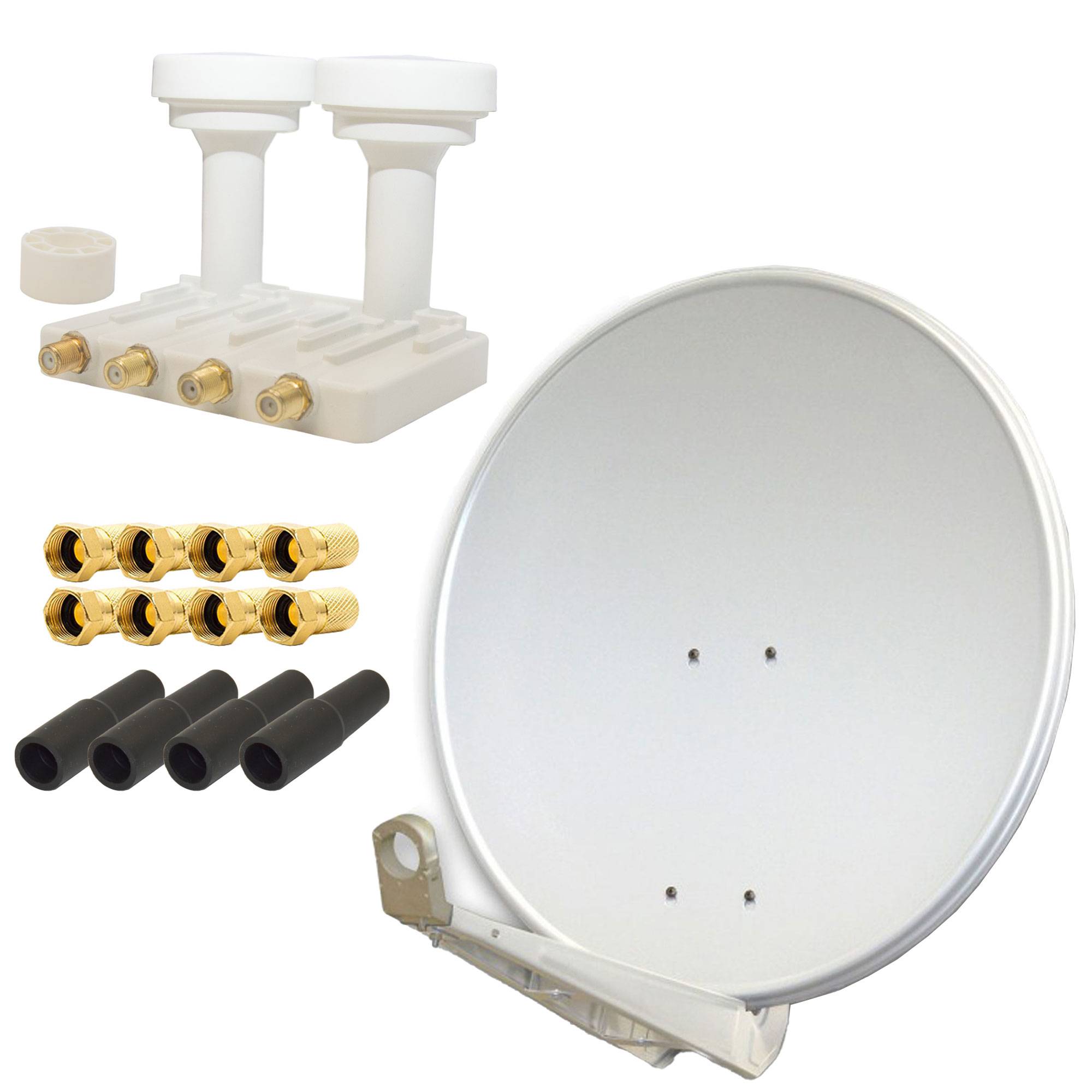 PremiumX DELUXE85 Aluminium 85cm Digital SAT Schüssel Spiegel in Hellgrau + Monoblock Quad PXMB-6QW LNB WE 0,1dB Astra 19,2° Hotbird 13° + 4x Gummi