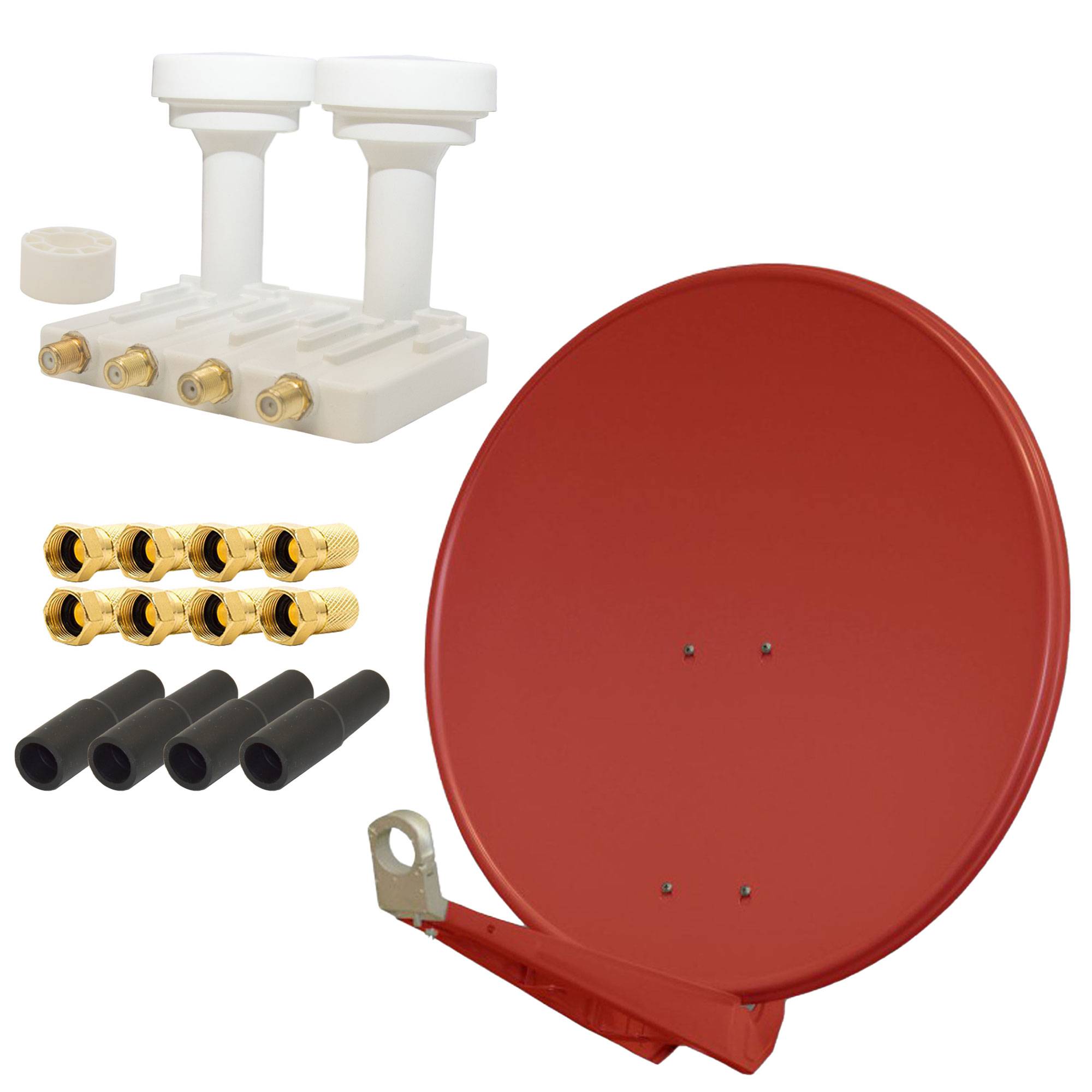 PremiumX DELUXE80 Aluminium 80cm Digital SAT Schüssel Spiegel in Ziegelrot + Monoblock Quad PXMB-6QW LNB WE 0,1dB Astra 19,2° Hotbird 13° + 4x Gum