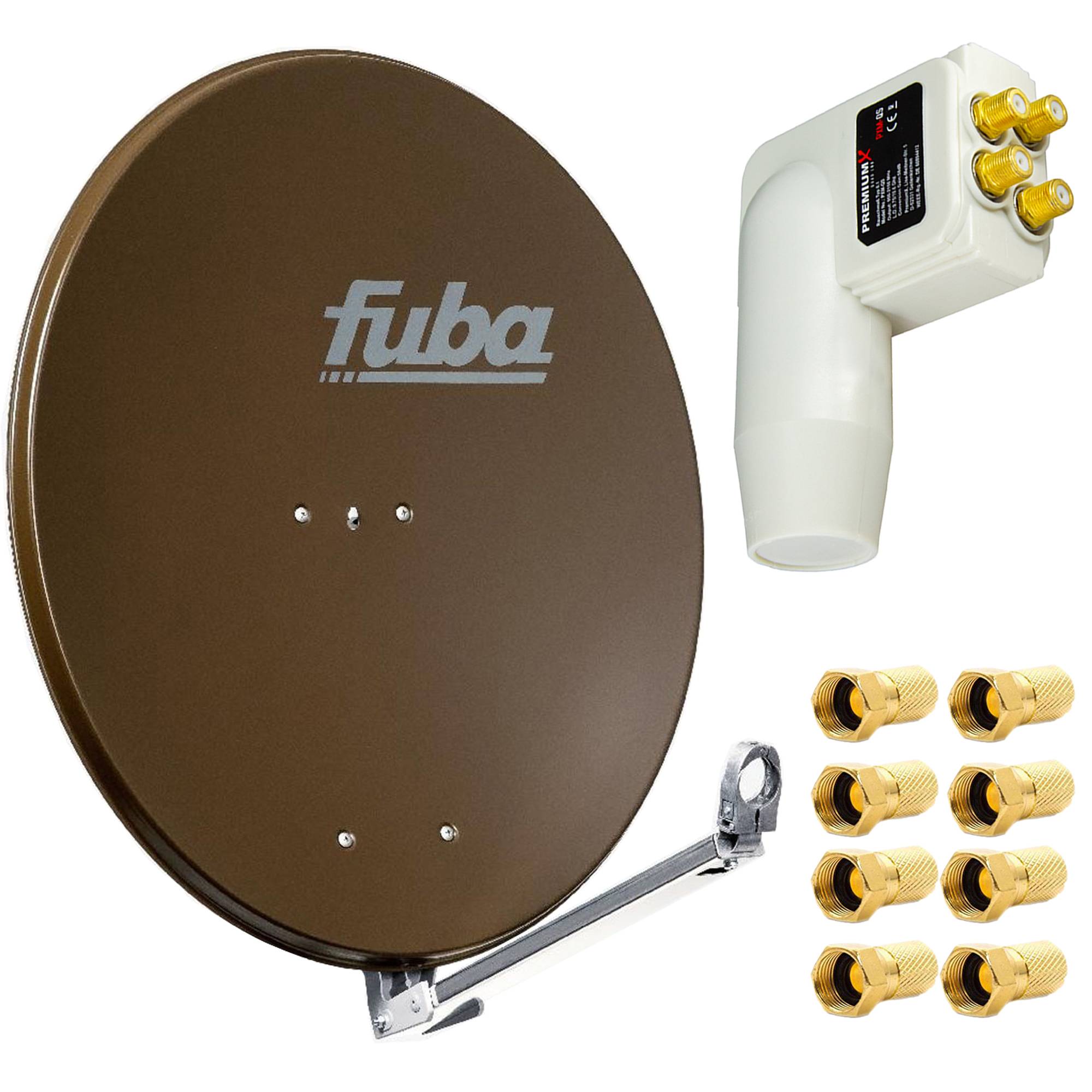 Fuba DAL 800 B Satellitenantenne 80cm Alu Braun Sat Schüssel + PremiumX LNB Quad Weiß Quattro Switch zum Direktanschluss von 4 Teilnehmer Digital HD