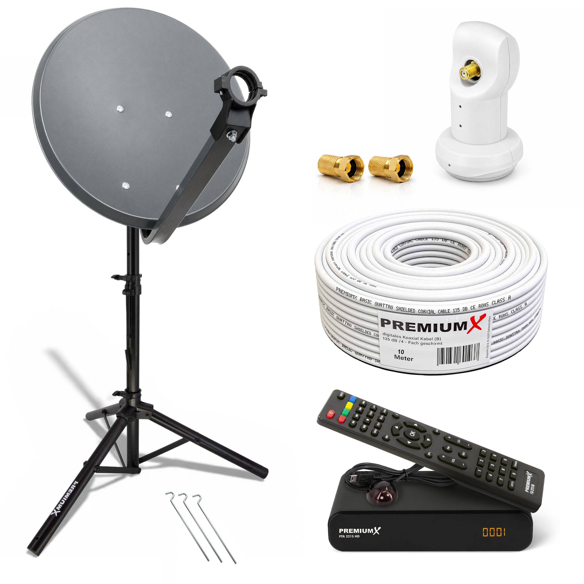 Satellitenantennensatz mit Dreibeinstativ, Koaxialkabel, Anschlüssen, Wandhalterung, Kabeln und ferngesteuerter Empfängerbox auf weißem Hintergrund