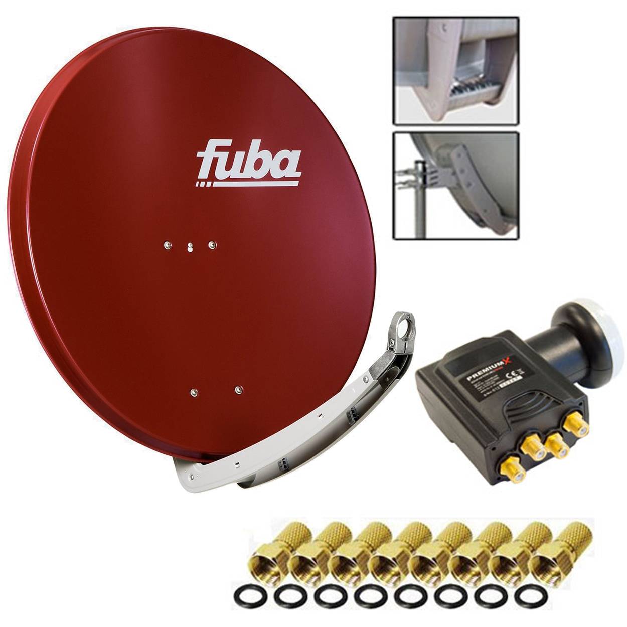 Fuba DAA 850 R Digital Sat Schüssel Ziegelrot 85x85cm Deluxe LNB Quad Premium X Direktanschluss von 4 Teilnehmer 8x F-Stecker
