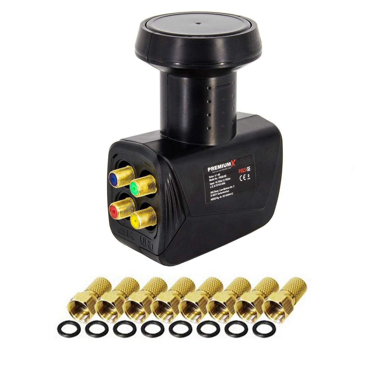 PremiumX Quad LNB SAT Direktanschluss 4 Teilnehmer Satellit TV Signalumsetzer DVB-S2 HD 4K 8x F-Stecker