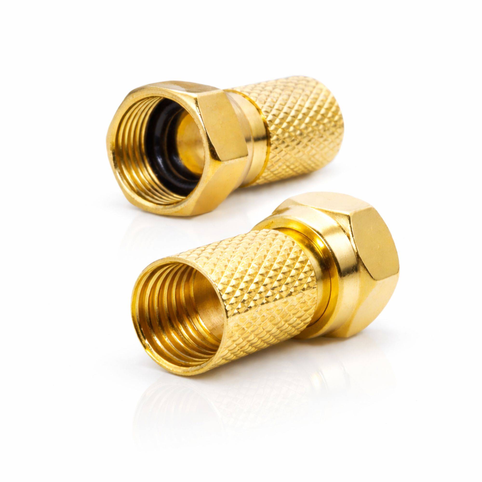 Zwei goldfarbene koaxiale Steckerverbinder mit gerilltem Griffdesign, die auf weißem Hintergrund in entgegengesetzte Richtungen ausgerichtet sind.