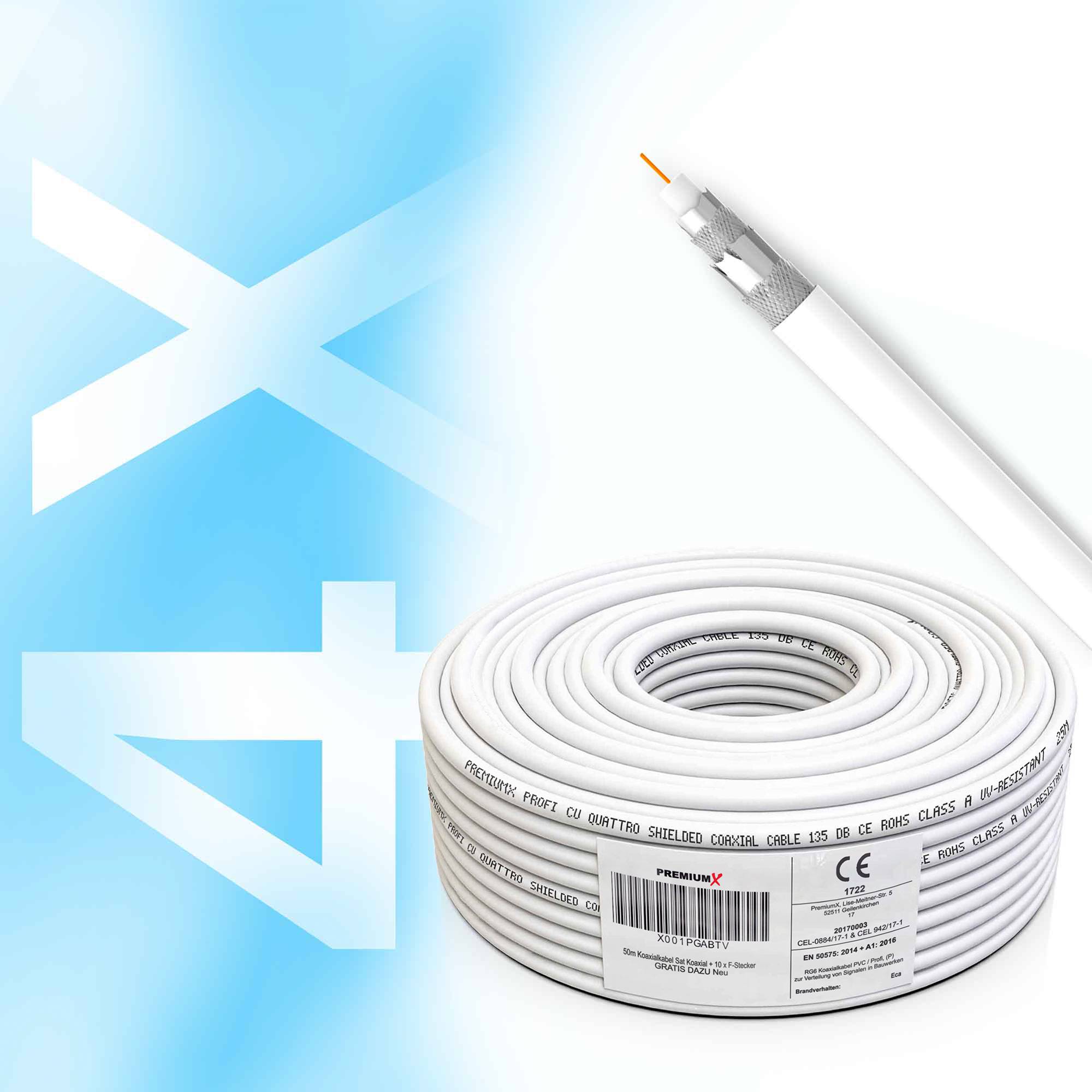 PremiumX 50m PROFI Koaxialkabel KUPFER 135dB 4-fach SAT Antennenkabel Koax-Kabel DVB-S / S2 DVB-C DVB-T BK Anlagen Satellitenkabel 10x F-Stecker