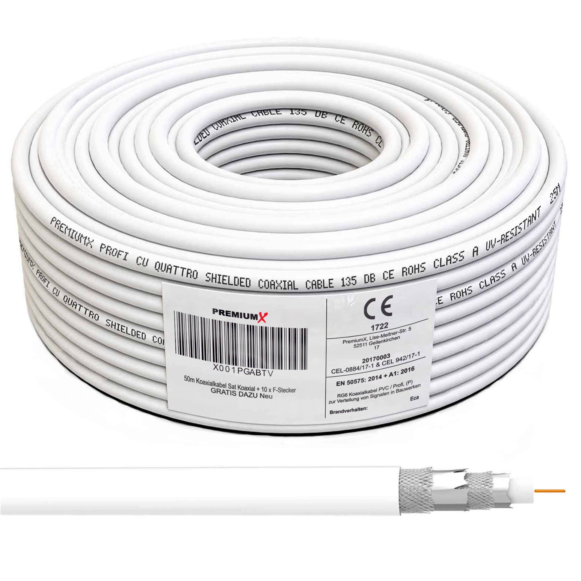 PremiumX 50m PROFI Koaxialkabel KUPFER 135dB 4-fach SAT Antennenkabel Koax-Kabel DVB-S / S2 DVB-C DVB-T BK Anlagen Satellitenkabel 10x F-Stecker