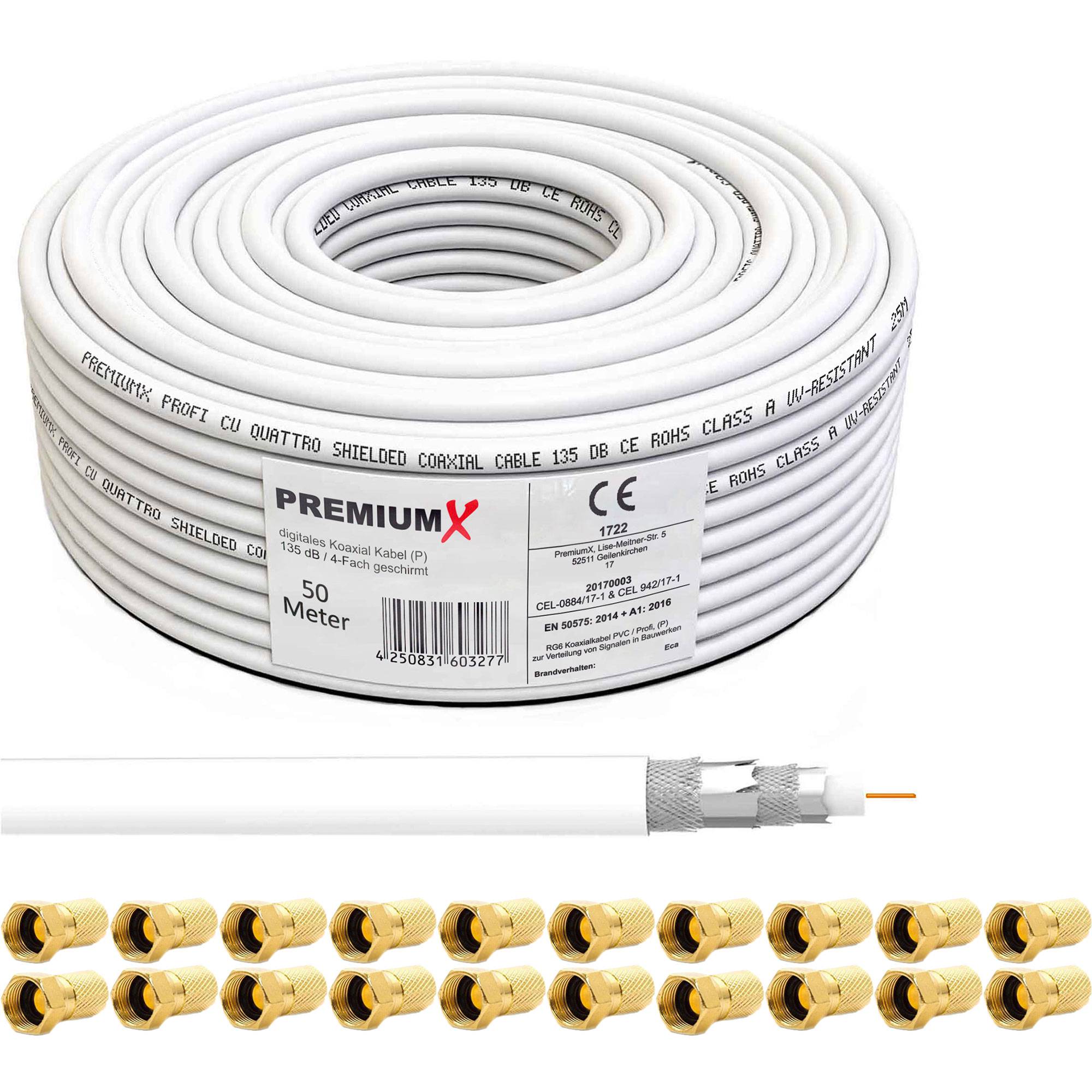 50 Meter PremiumX DELUXE Koaxial Kabel 130dB 4-Fach geschirmt, Innenleiter 1,02mm REINES Kupfer SAT Antennenkabel 50m 130 dB 135 120 50 + 20x