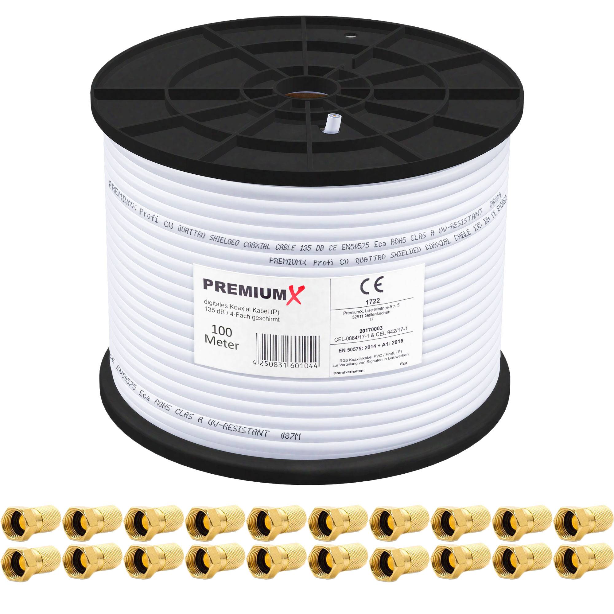 PremiumX 100m DELUXE Koaxial-Kabel 135dB 4-fach REINES Kupfer Koax SAT Antennenkabel 20x F-Stecker