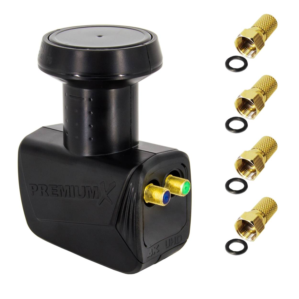 PremiumX Twin LNB schwarz SAT Direktanschluss 2 Teilnehmer Satellit TV Signalumsetzer DVB-S2 HD 4K inkl. 4x F-Stecker