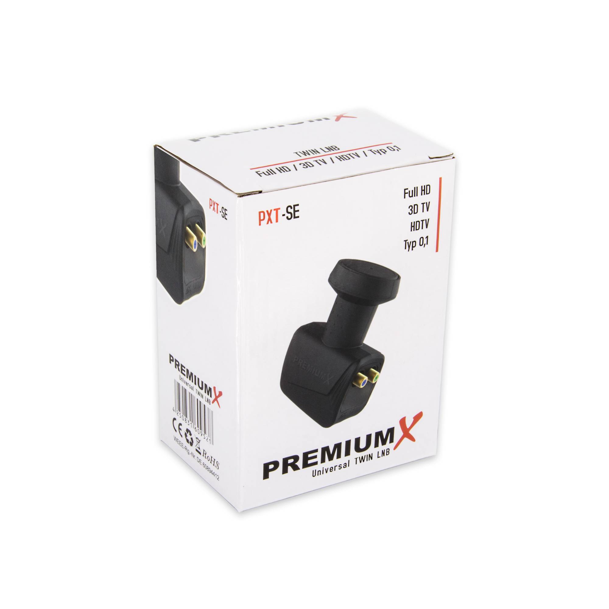 PremiumX Twin LNB schwarz SAT Direktanschluss 2 Teilnehmer Satellit TV Signalumsetzer DVB-S2 HD 4K inkl. 4x F-Stecker