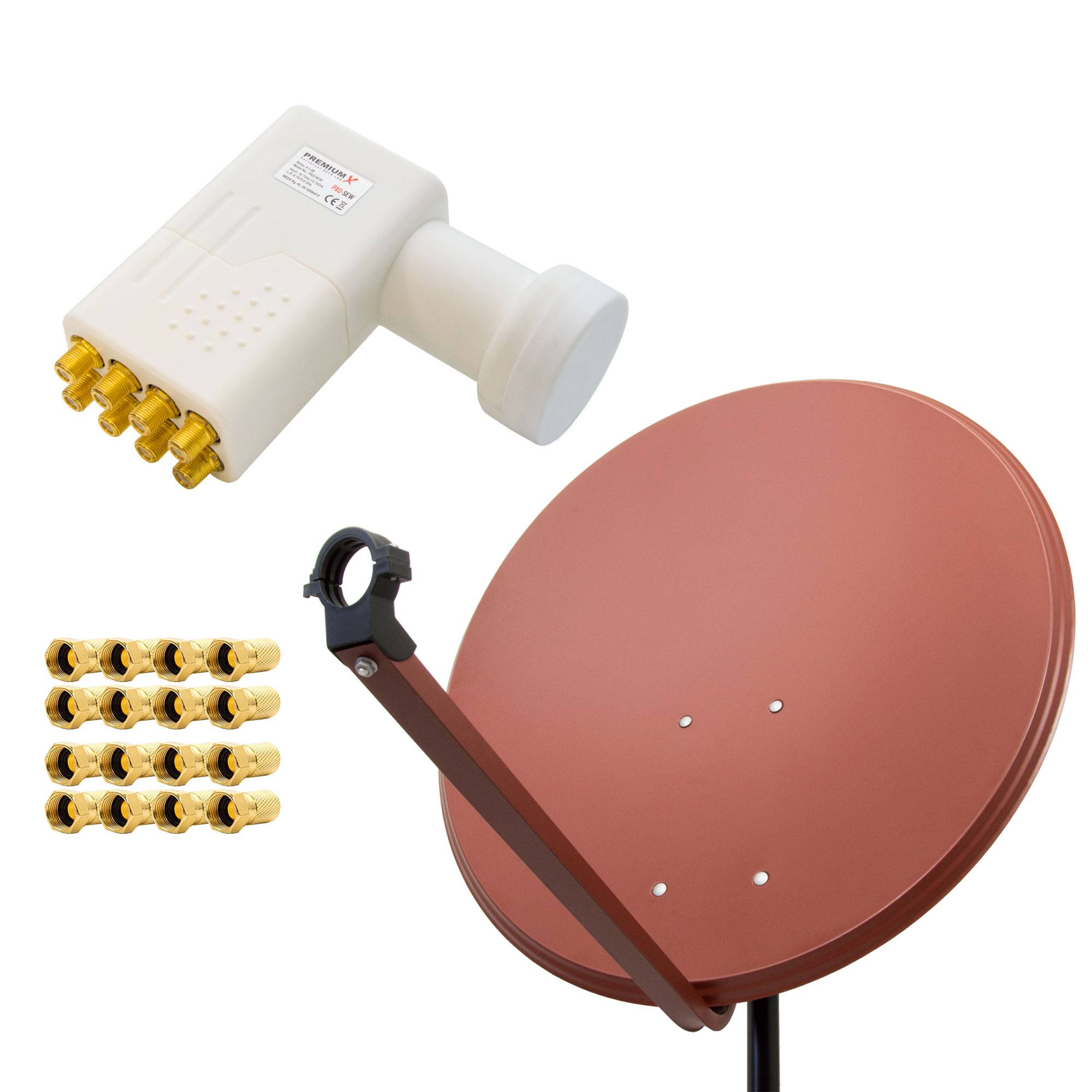 PremiumX Satelliten-Komplettanlage 80cm Satellitenschüssel Ziegelrot TV Satellitenantenne Octo LNB 16x F-Stecker, SAT für 8 Teilnehmer