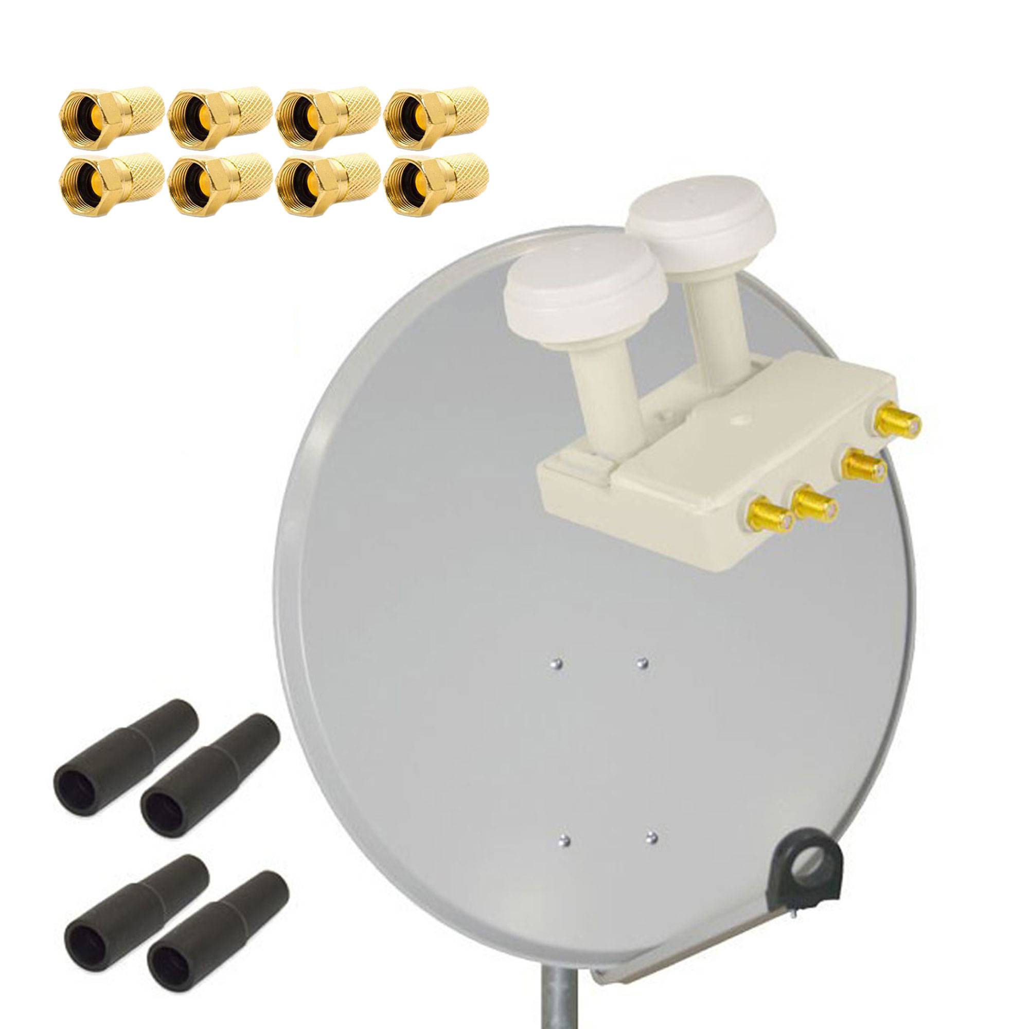 PremiumX Satelliten-Komplettanlage 80cm Satellitenschüssel Hellgrau Quad Monoblock LNB Astra Hotbird SAT 8x F-Stecker 4x Gummitülle