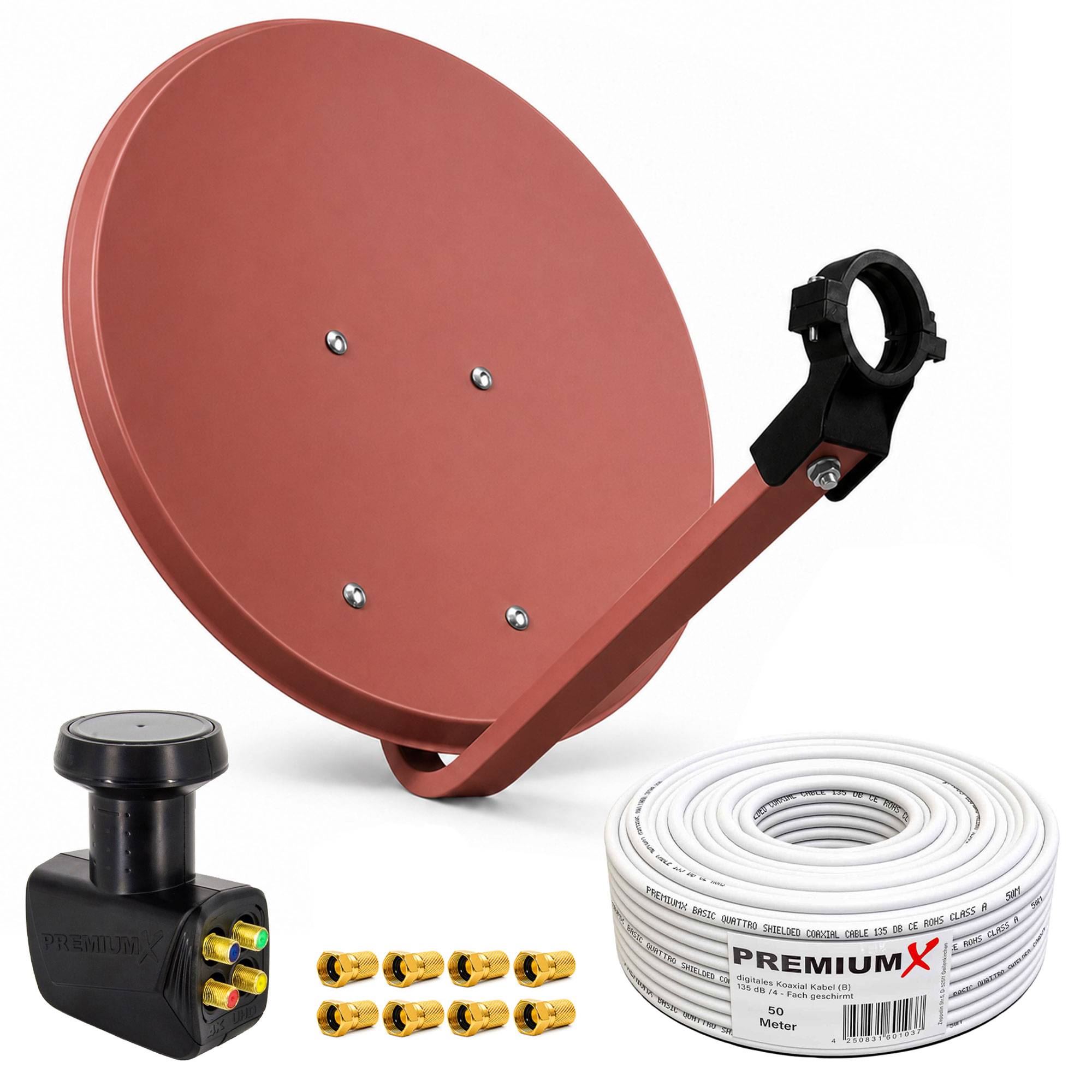 Satellitenantennenmontagesatz mit Antenne, Mastschelle, Koaxialkabel, Anschlussblock und vergoldeten Steckern auf weißem Hintergrund.