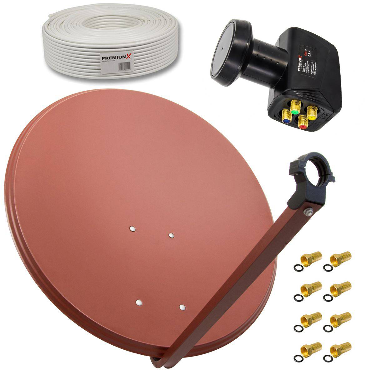 PremiumX Satelliten-Komplettanlage 80cm Satellitenschüssel Ziegelrot Quad LNB 50m Antennenkabel 8x F-Stecker, SAT für 4 Teilnehmer