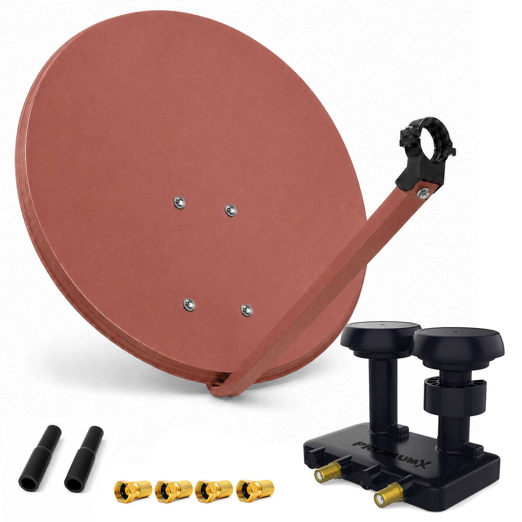 Satellitenschüssel-Set mit Montagarm, LNB-Baugruppe und Anschlüssen auf weißem Hintergrund.