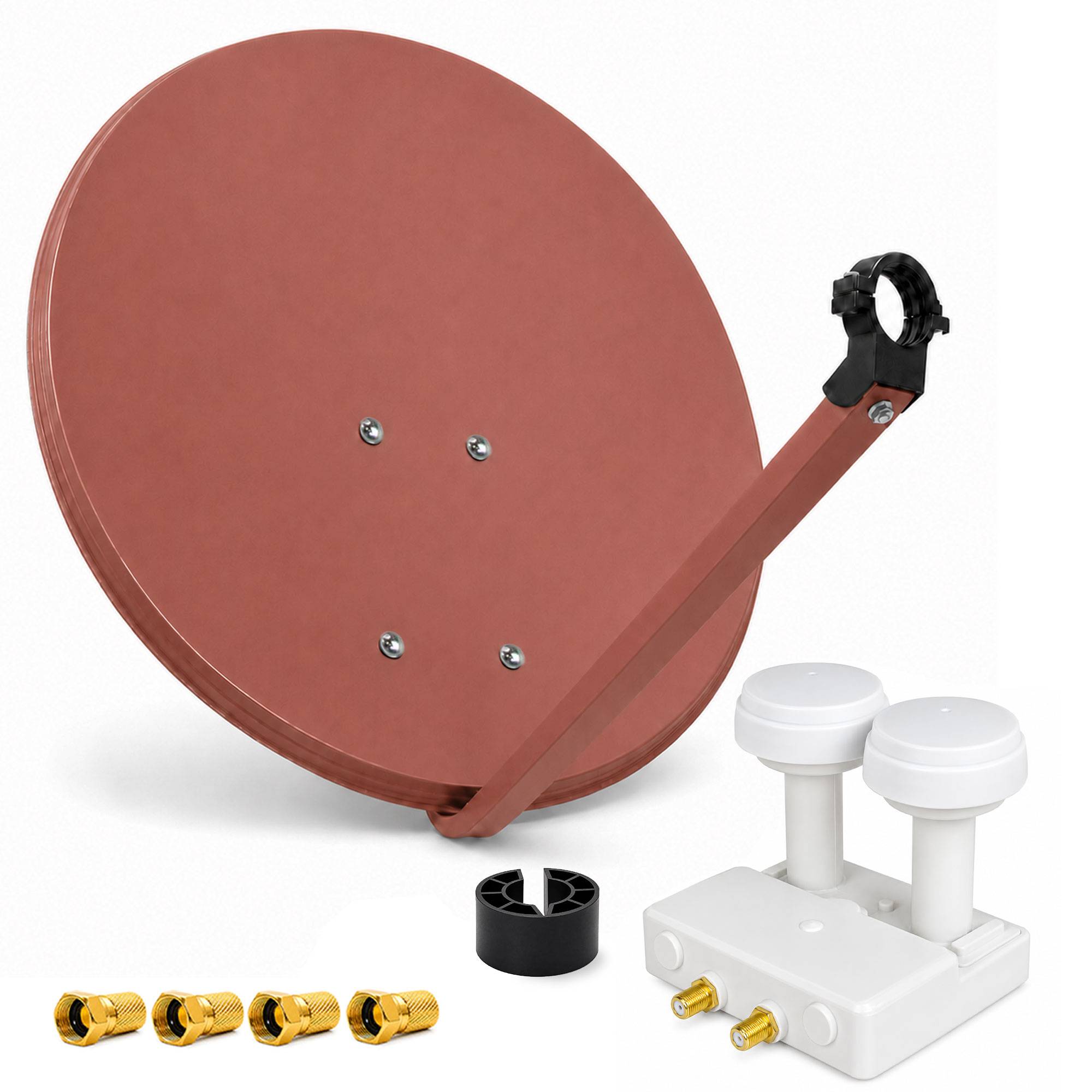 PremiumX Satelliten-Komplettanlage 80cm Satellitenschüssel Ziegelrot Twin LNB Monoblock Astra Hotbird, 2 SAT für 2 Teilnehmer