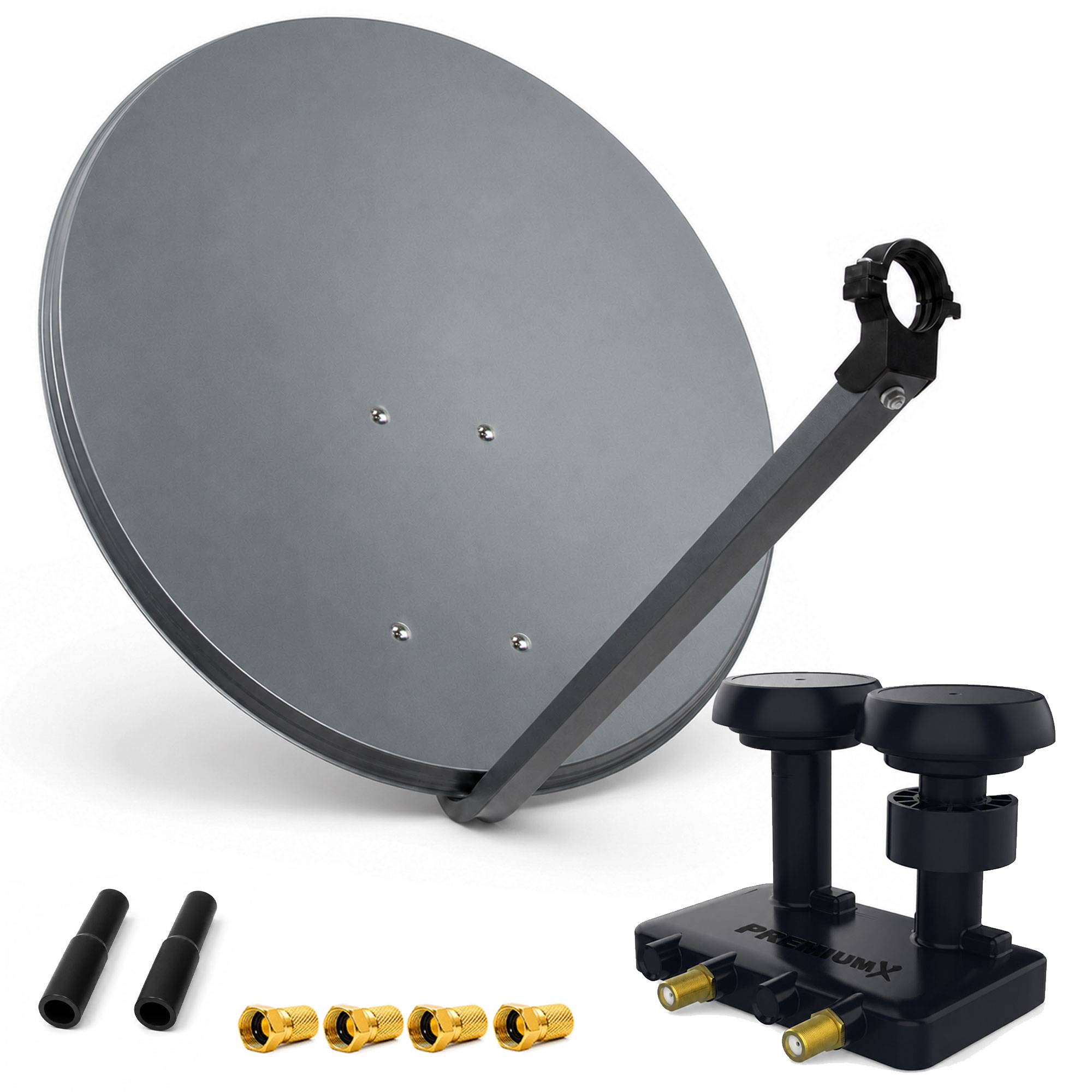 PremiumX Satelliten-Komplettanlage 80cm Satellitenschüssel Anthrazit Twin Monoblock LNB Astra Hotbird, 2 SAT für 2 Teilnehmer