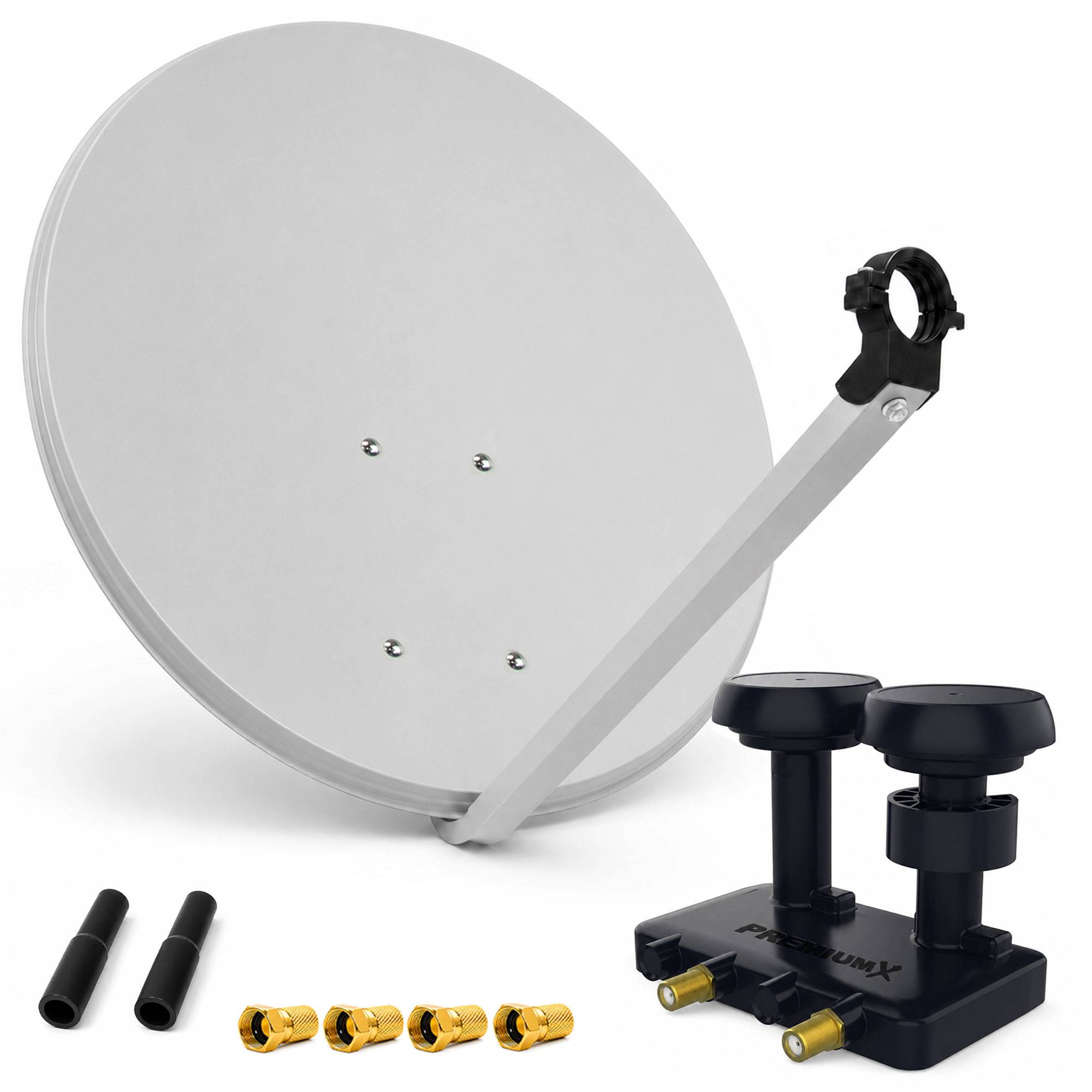 PremiumX Satelliten-Komplettanlage 80cm Satellitenschüssel Hellgrau SAT Twin LNB 6° Monoblock Astra Hotbird 4x F-Stecker 2x Tülle