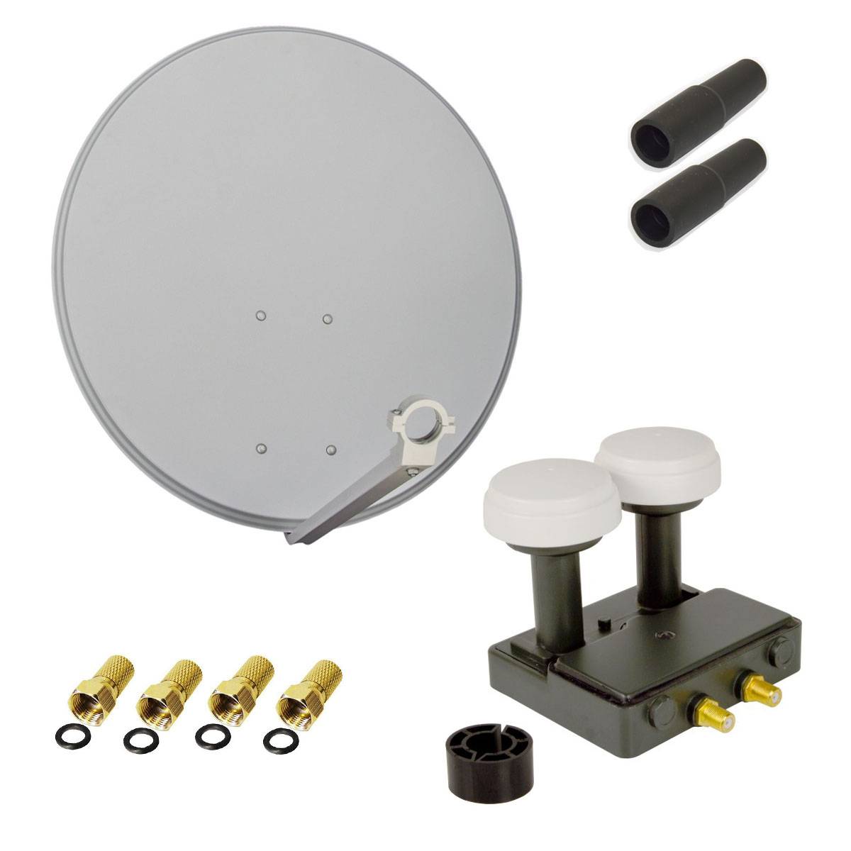 PremiumX Satelliten-Komplettanlage 80cm Satellitenschüssel Hellgrau SAT Twin LNB 6° Monoblock Astra Hotbird 4x F-Stecker 2x Tülle