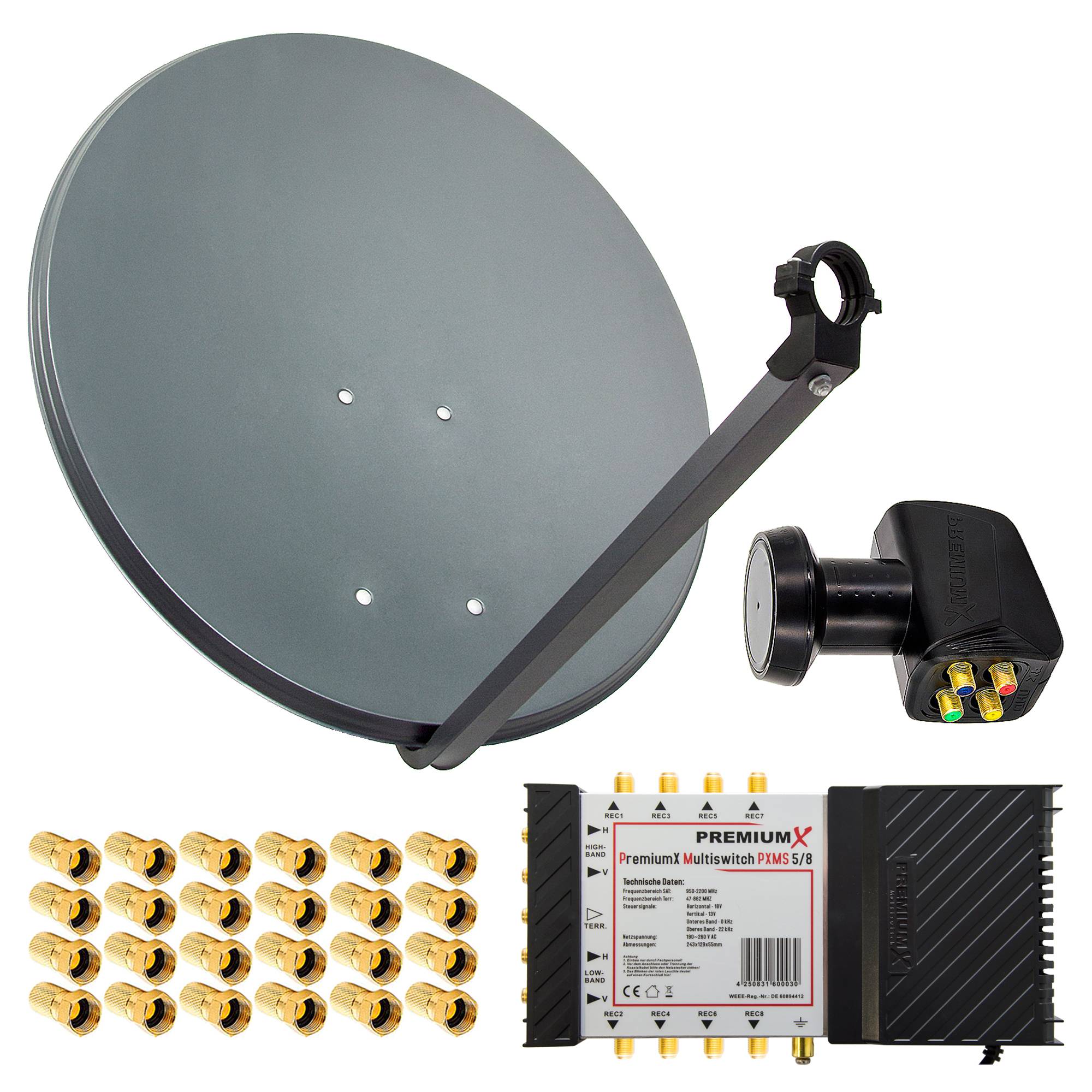 PremiumX Satelliten-Komplettanlage 80cm Satellitenschüssel Anthrazit Multischalter 5/8 Quattro LNB 24 F-Stecker, 1 SAT für 8 Teilnehmer