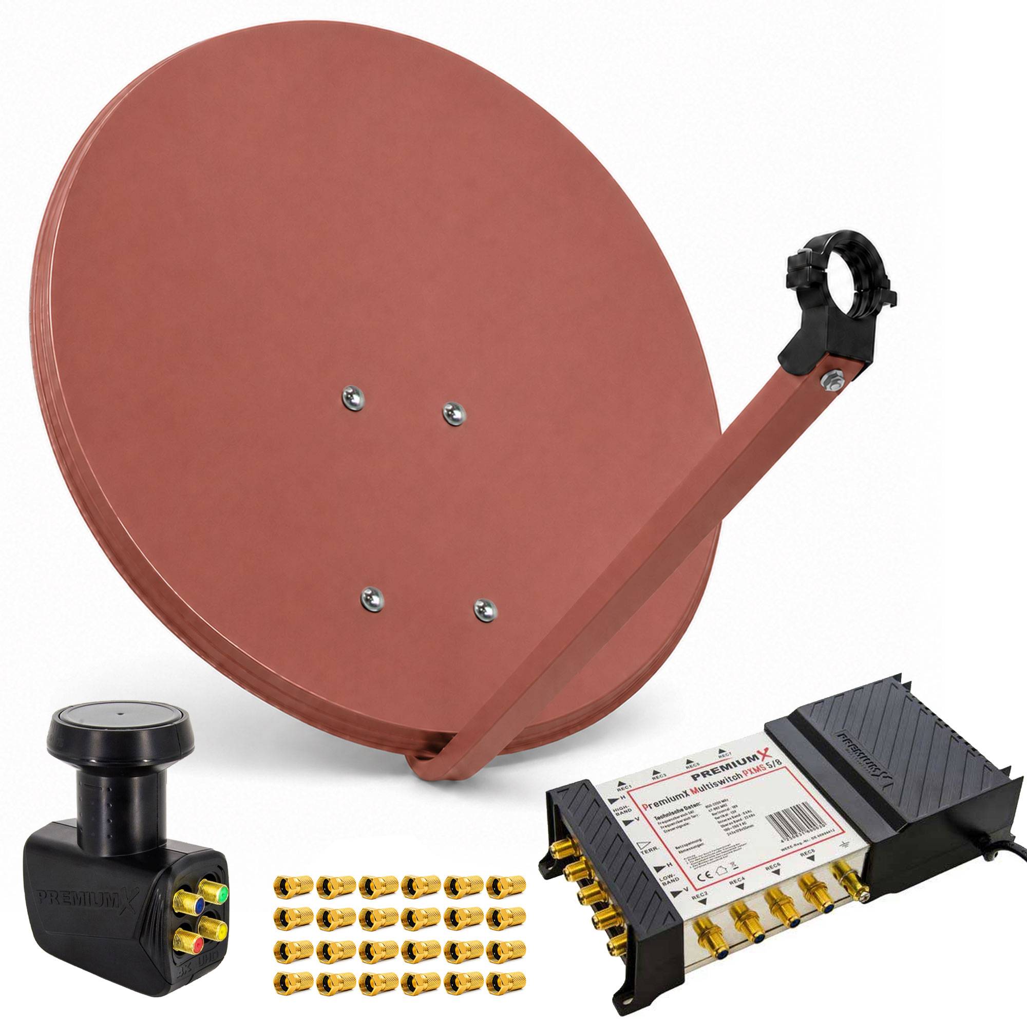 PremiumX Satelliten-Komplettanlage 80cm Satellitenschüssel Ziegelrot Multischalter 5/8 Quattro LNB 24x F-Stecker, 1 SAT für 8 Teilnehmer