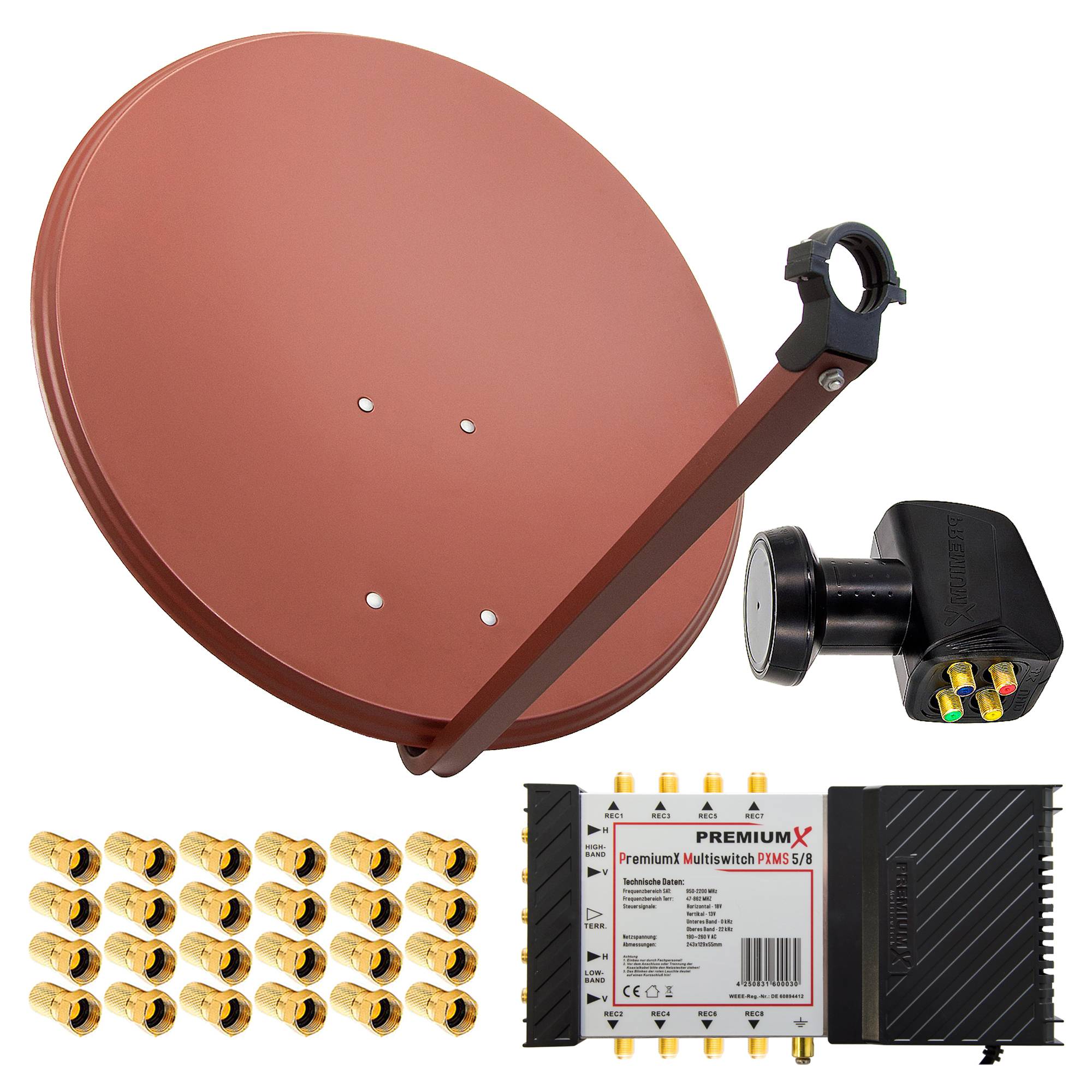 PremiumX Satelliten-Komplettanlage 80cm Satellitenschüssel Ziegelrot Multischalter 5/8 Quattro LNB 24x F-Stecker, 1 SAT für 8 Teilnehmer