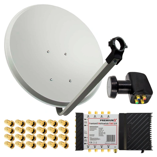 PremiumX Satelliten-Komplettanlage 80cm Satellitenschüssel Stahl Hellgrau Multischalter 5/8 Quattro LNB 1 SAT für 8 Teilnehmer PremiumX Satelliten-Komplettanlage 80cm Satellitenschüssel Stahl Hellgrau Multischalter 5/8 Quattro LNB 1 SAT für 8 Teilnehmer