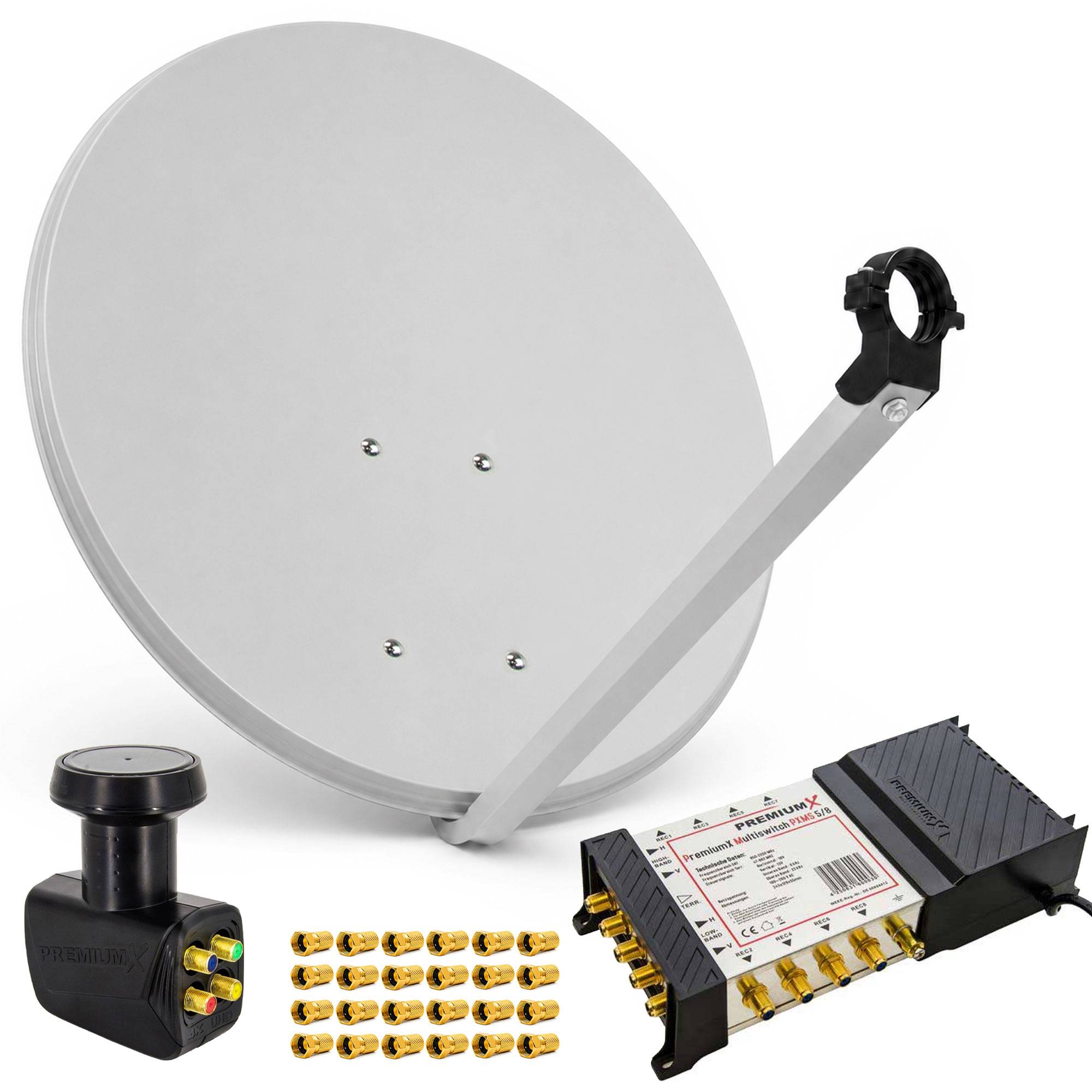 PremiumX Satelliten-Komplettanlage 80cm Satellitenschüssel Stahl Hellgrau Multischalter 5/8 Quattro LNB 1 SAT für 8 Teilnehmer