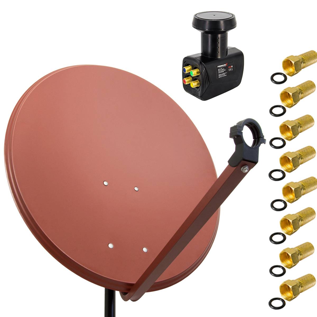 PremiumX Satelliten-Komplettanlage 100cm Satellitenschüssel Ziegelrot Satellitenantenne Quad LNB F-Stecker, SAT bis 4 Teilnehmer