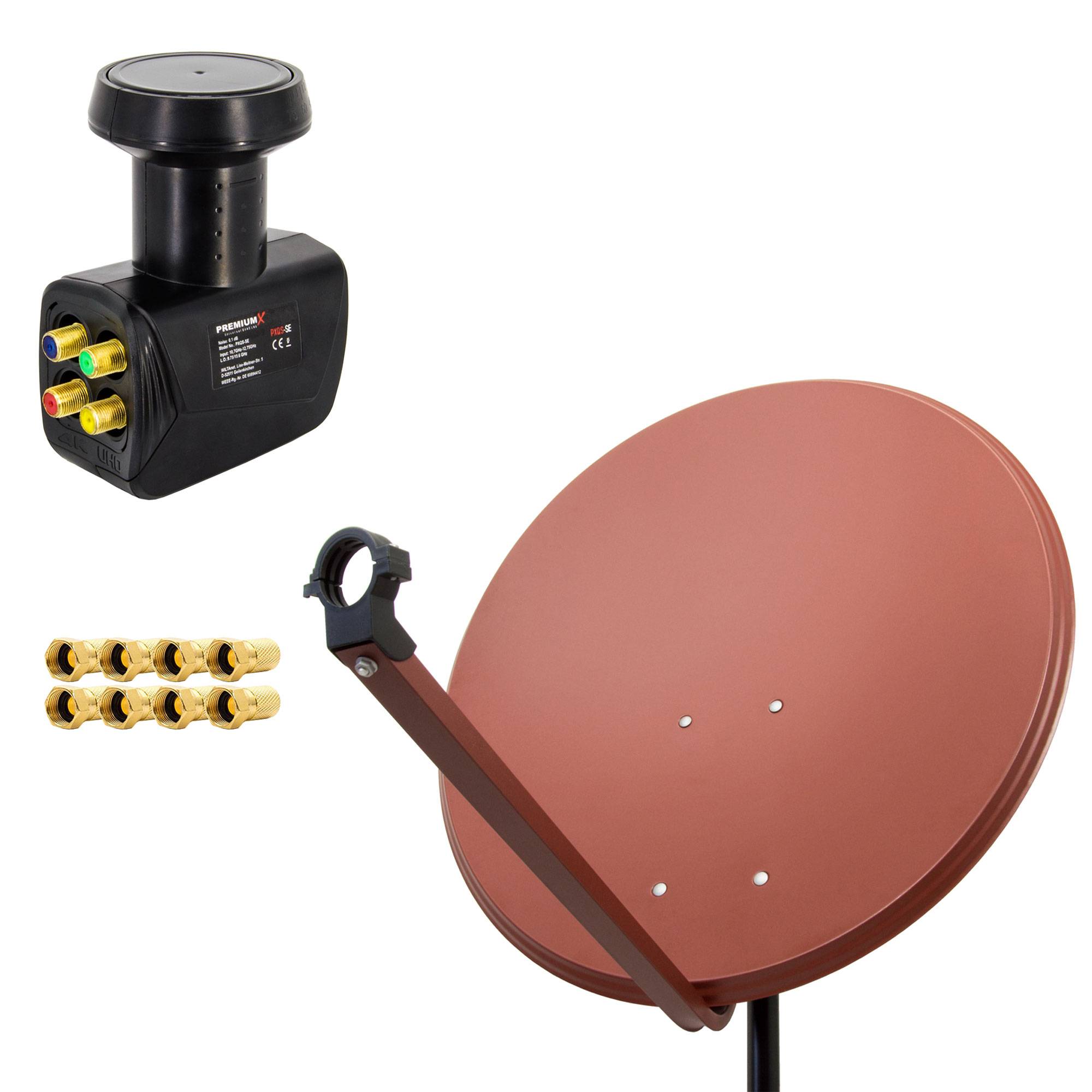 PremiumX Satelliten-Komplettanlage 80cm Satellitenschüssel Ziegelrot Satellitenantenne Quad LNB 8x F-Stecker, SAT für 4 Teilnehmer