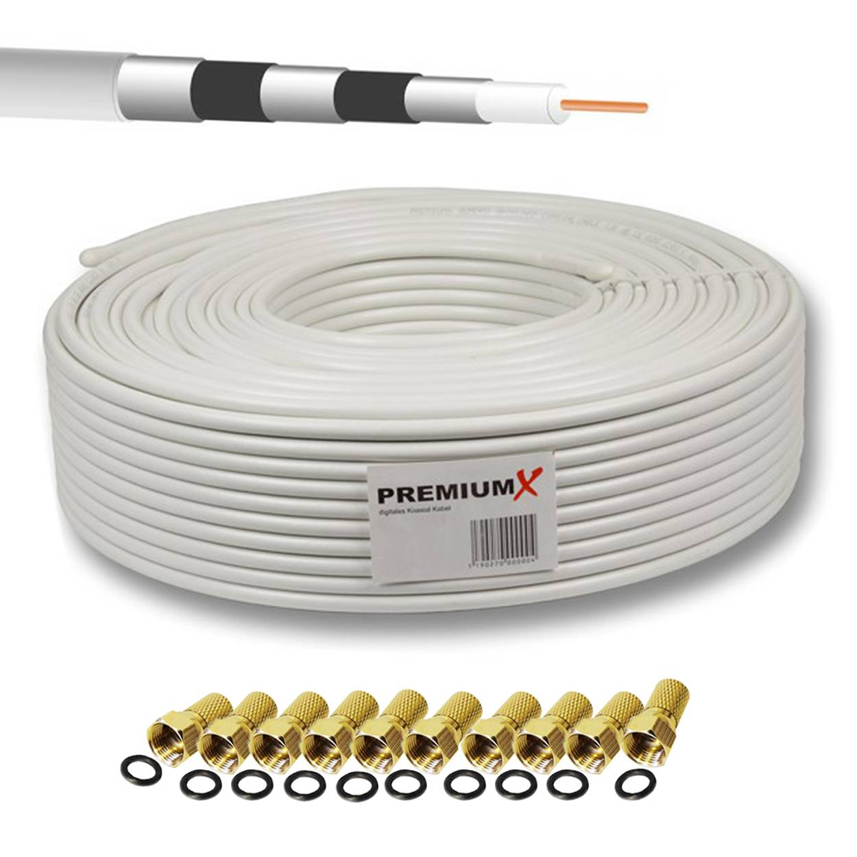 PremiumX 50m BASIC PRO Koaxialkabel 135dB 5-fach SAT Koax-Kabel Antennenkabel DVB-S / S2 DVB-C DVB-T BK Anlagen 10x F-Stecker
