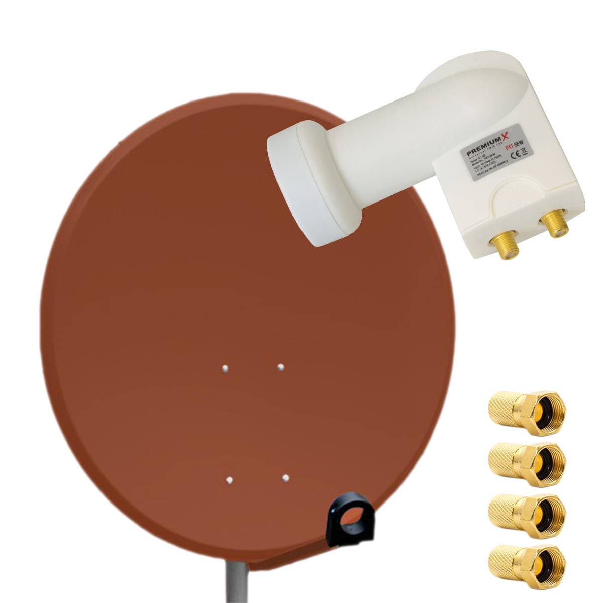 PremiumX Satelliten-Komplettanlage 80cm Satellitenschüssel Aluminium Ziegelrot Twin LNB 4x F-Stecker, SAT bis 2 Teilnehmer