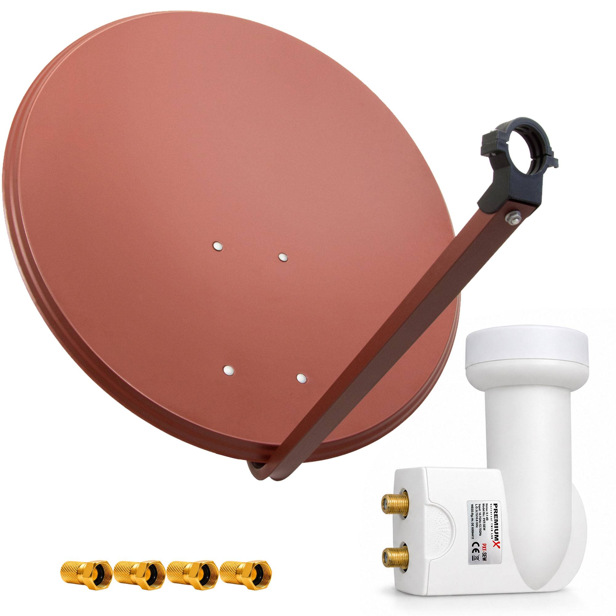 Satellitenschüssel-Antenne mit Befestigungsarm, LNB-Speiselelement und vier vergoldeten Koaxialsteckern auf weißem Hintergrund.