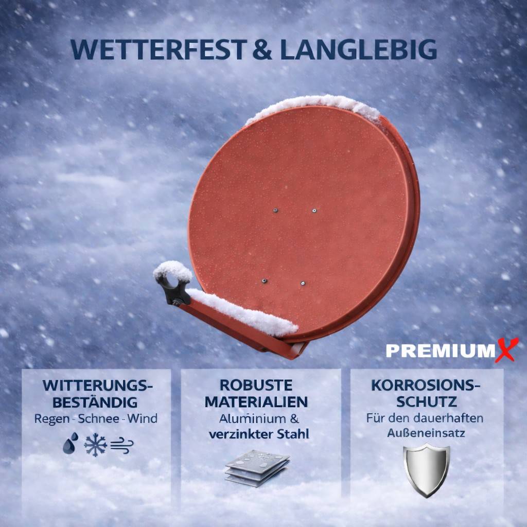 Werbung für eine rote Satellitenschüssel bei verschneitem Wetter, mit dem Text „WETTERFEST & LANGLEBIG