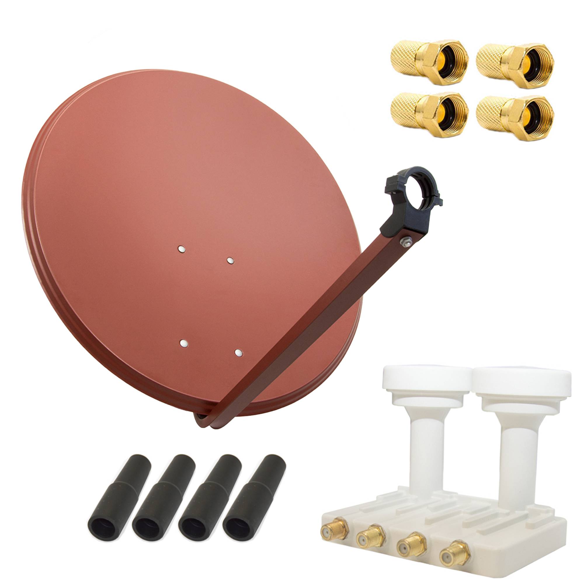 PremiumX Satelliten-Komplettanlage 80cm Satellitenschüssel Aluminium Rot Quad LNB Monoblock Astra Hotbird, 2 SAT bis 4 Teilnehmer